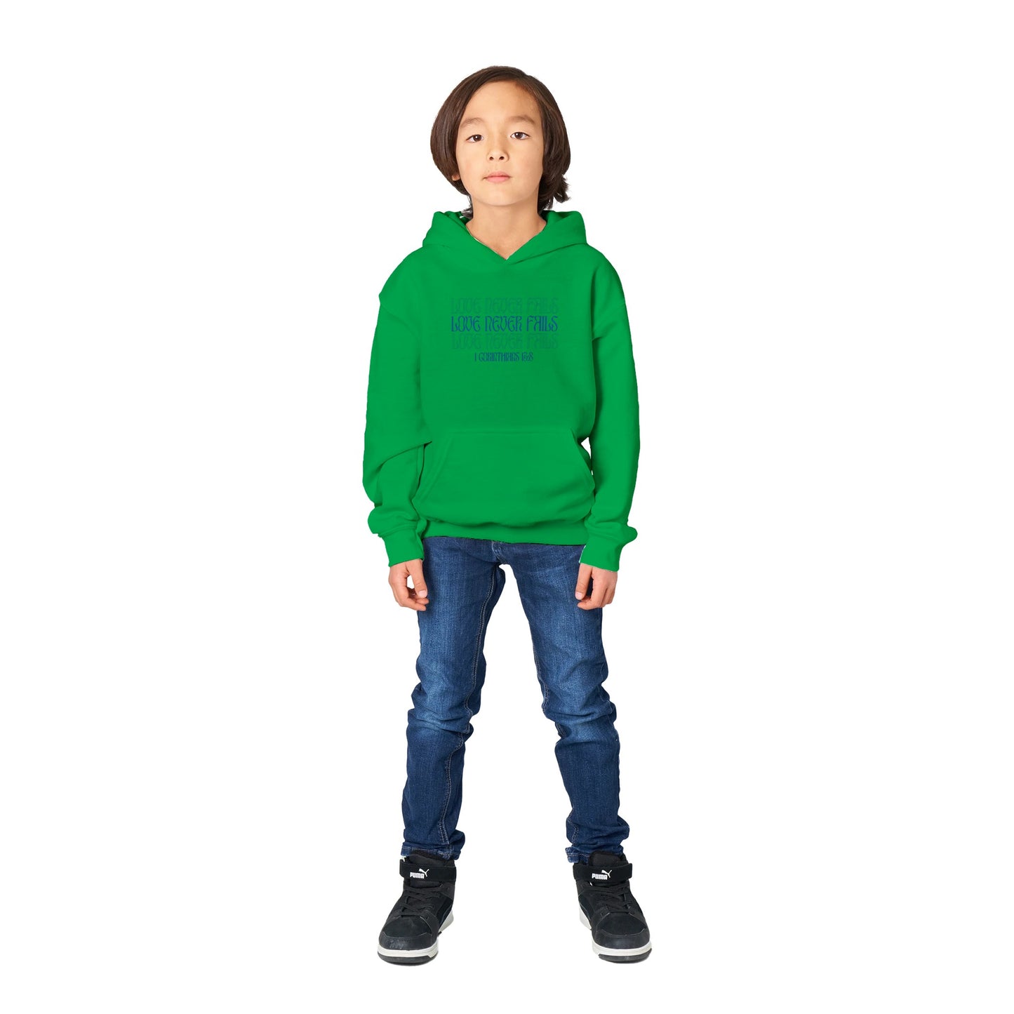 Love Never Fails Bold Kids Pullover Hoodie (Blue Font)