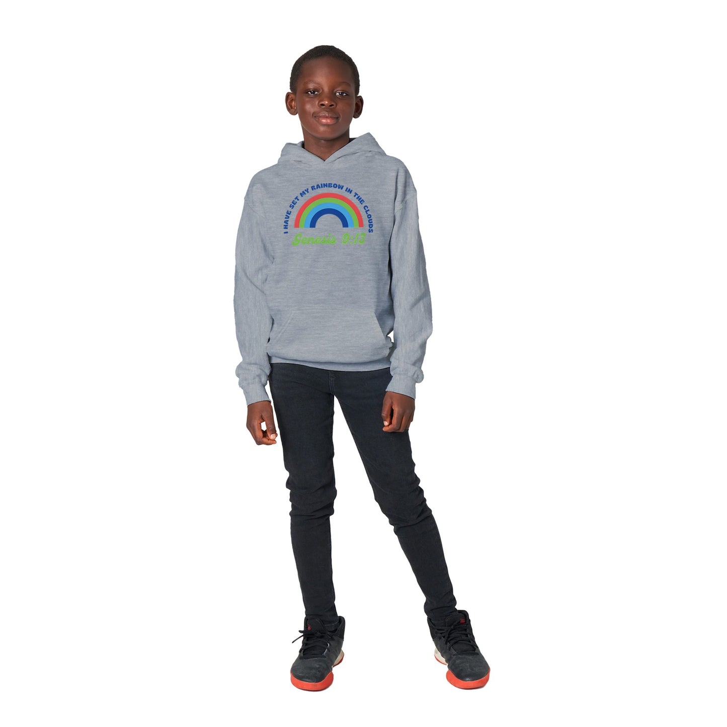 Genesis 9:13 Kids Pullover Hoodie (Bright Blue & Green Font)