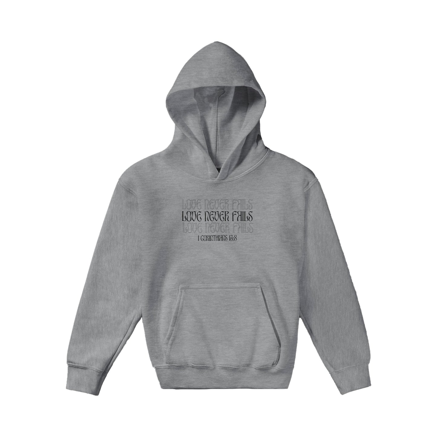 Love Never Fails Bold Kids Pullover Hoodie (Black Font)