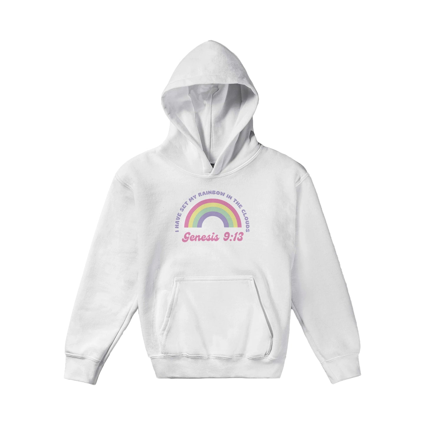 Genesis 9:13 Kids Pullover Hoodie (Pastel Pink & Purple Font)