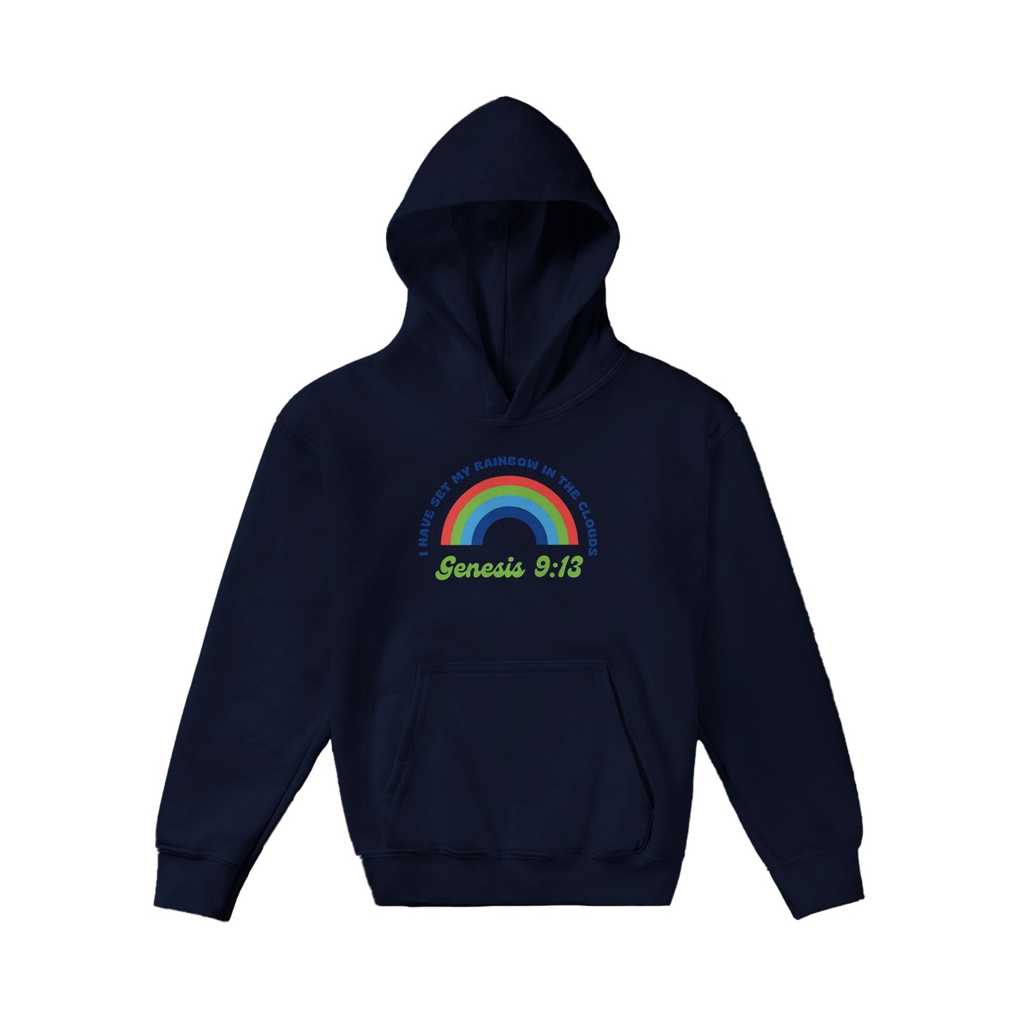 Genesis 9:13 Kids Pullover Hoodie (Bright Blue & Green Font)