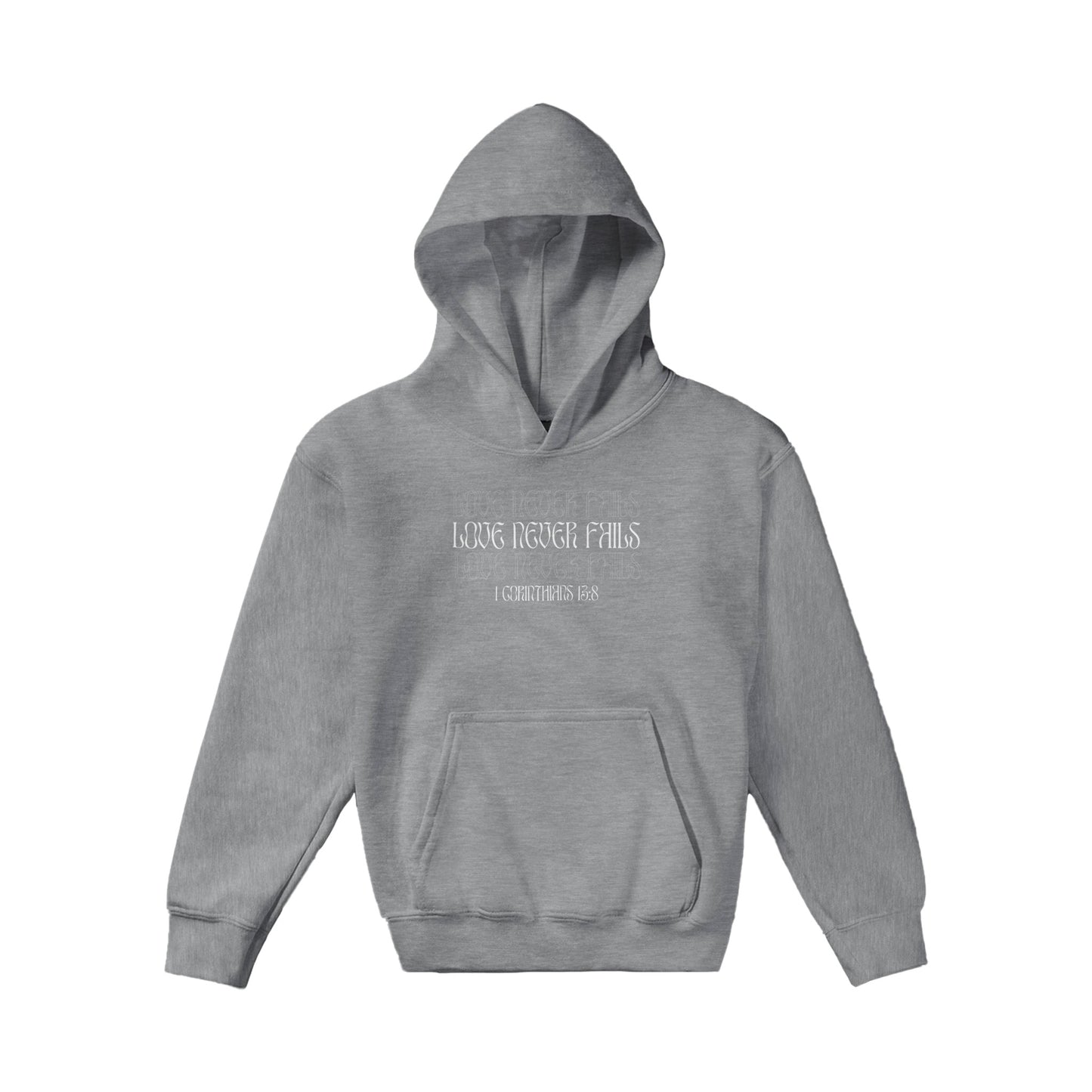 Love Never Fails Bold Kids Pullover Hoodie (White Font)