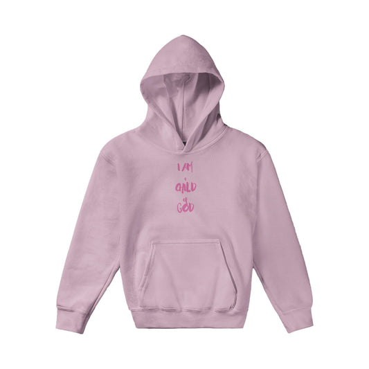 I Am a Child of God Kids Pullover Hoodie (Pink Font)