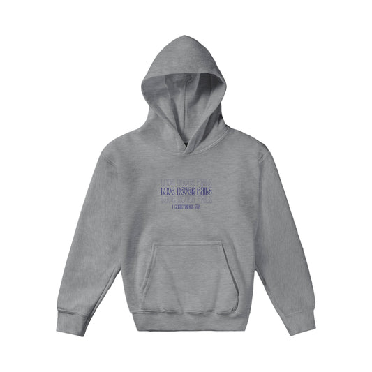 Love Never Fails Bold Kids Pullover Hoodie (Purple Font)