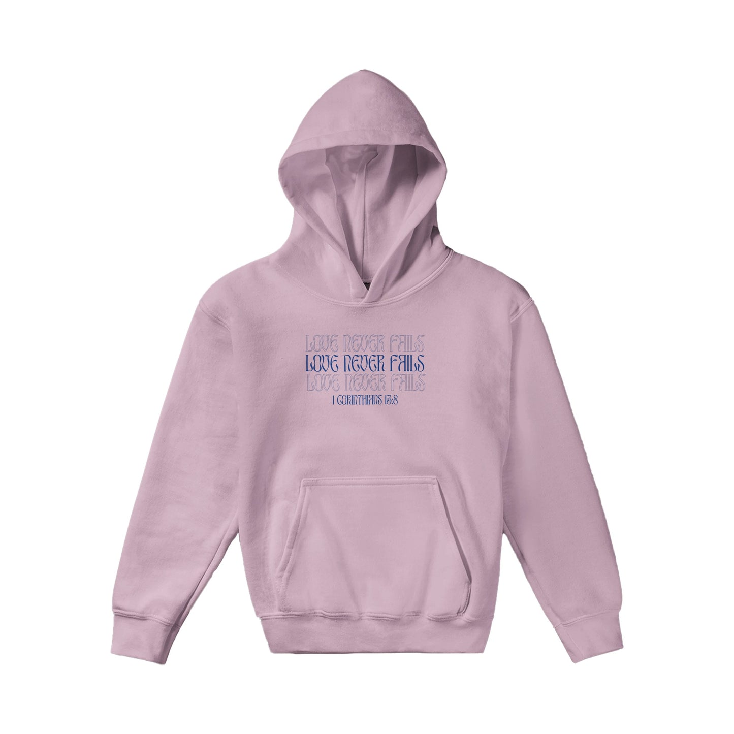 Love Never Fails Bold Kids Pullover Hoodie (Blue Font)