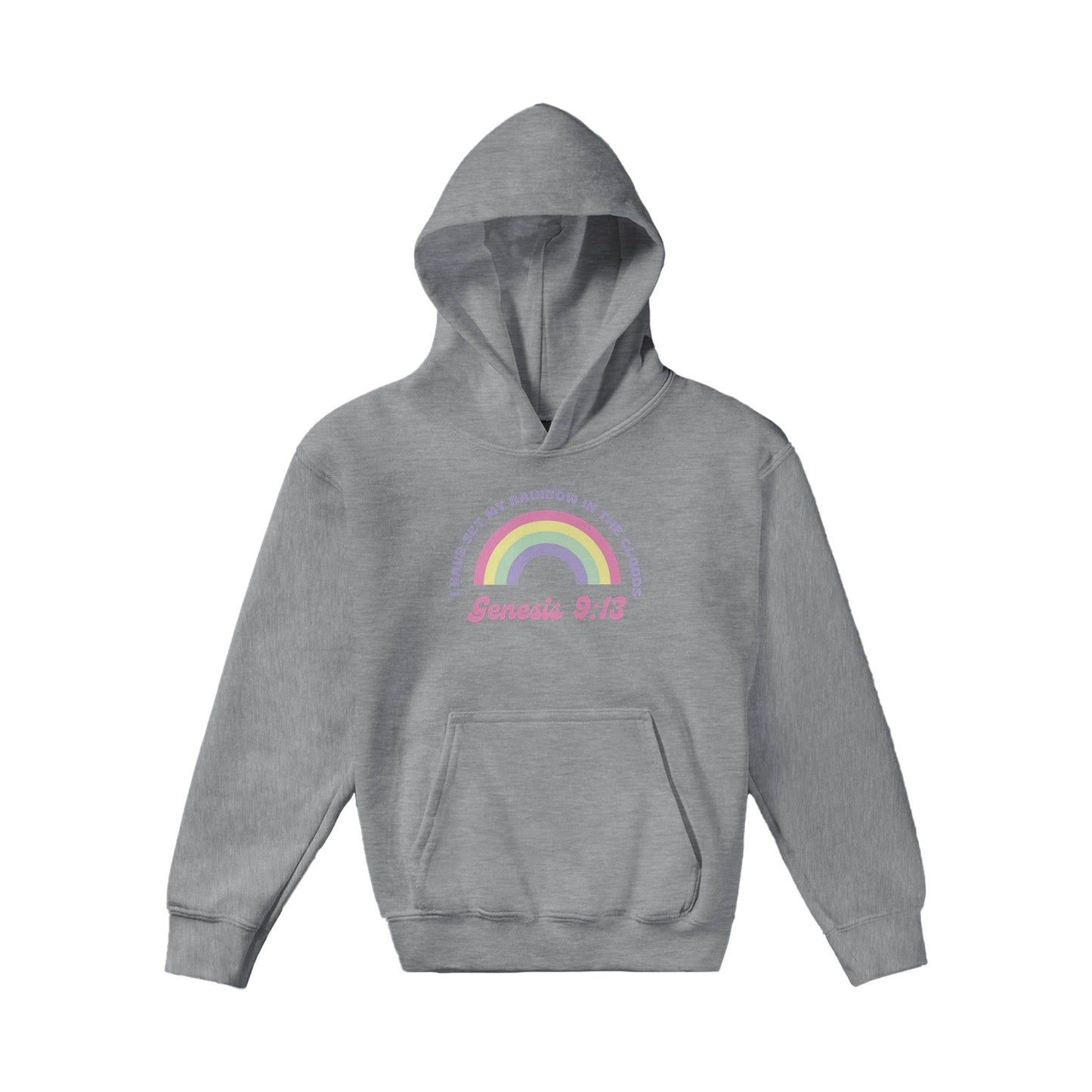 Genesis 9:13 Kids Pullover Hoodie (Pastel Pink & Purple Font)