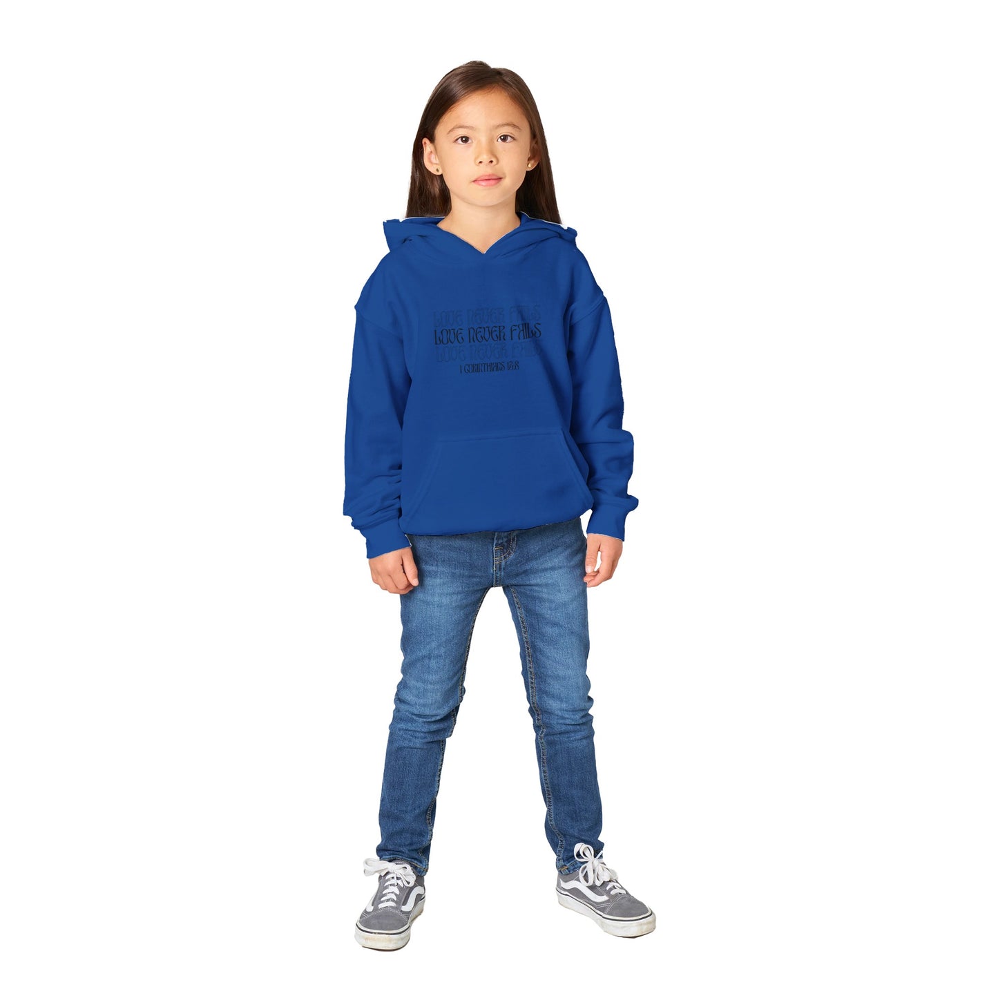 Love Never Fails Bold Kids Pullover Hoodie (Black Font)