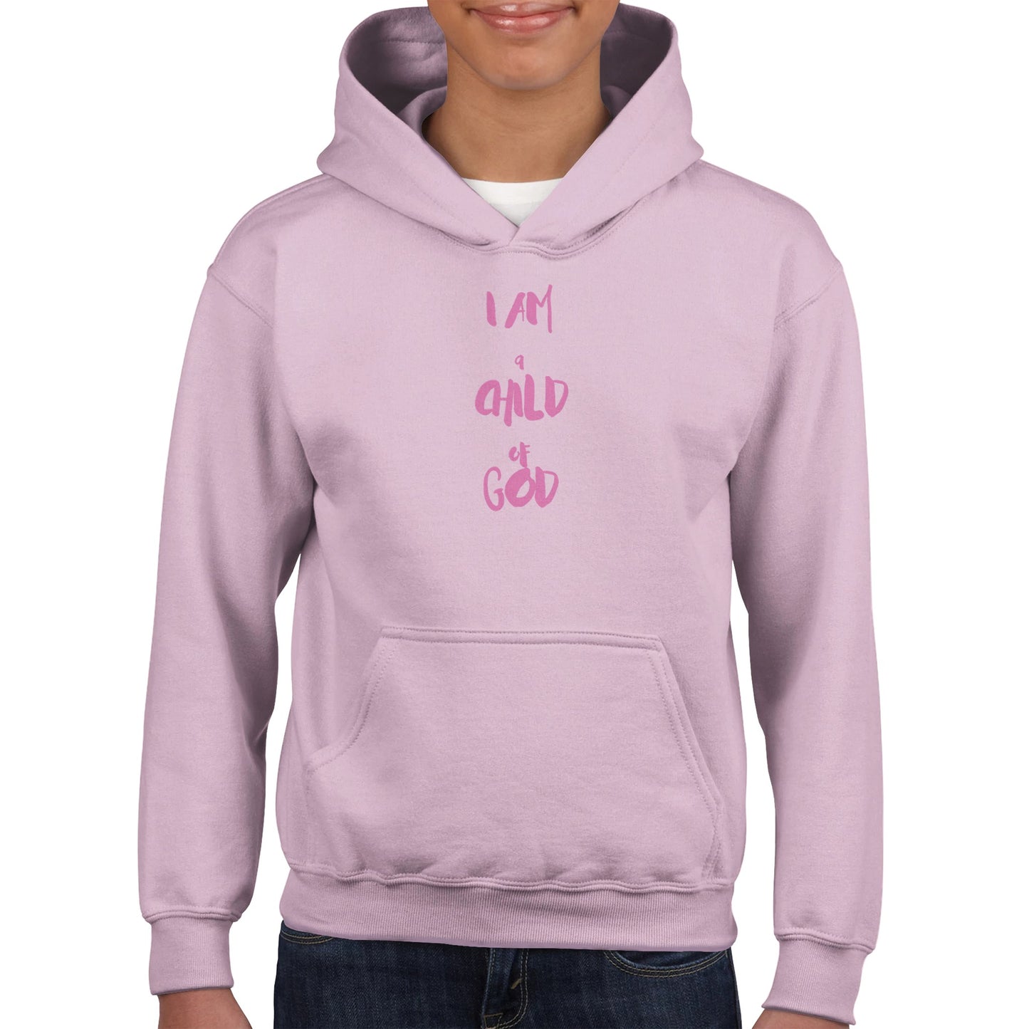 I Am a Child of God Kids Pullover Hoodie (Pink Font)