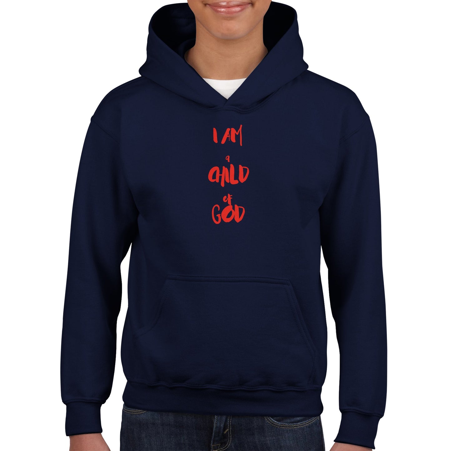 I Am a Child of God Kids Pullover Hoodie (Red Font)