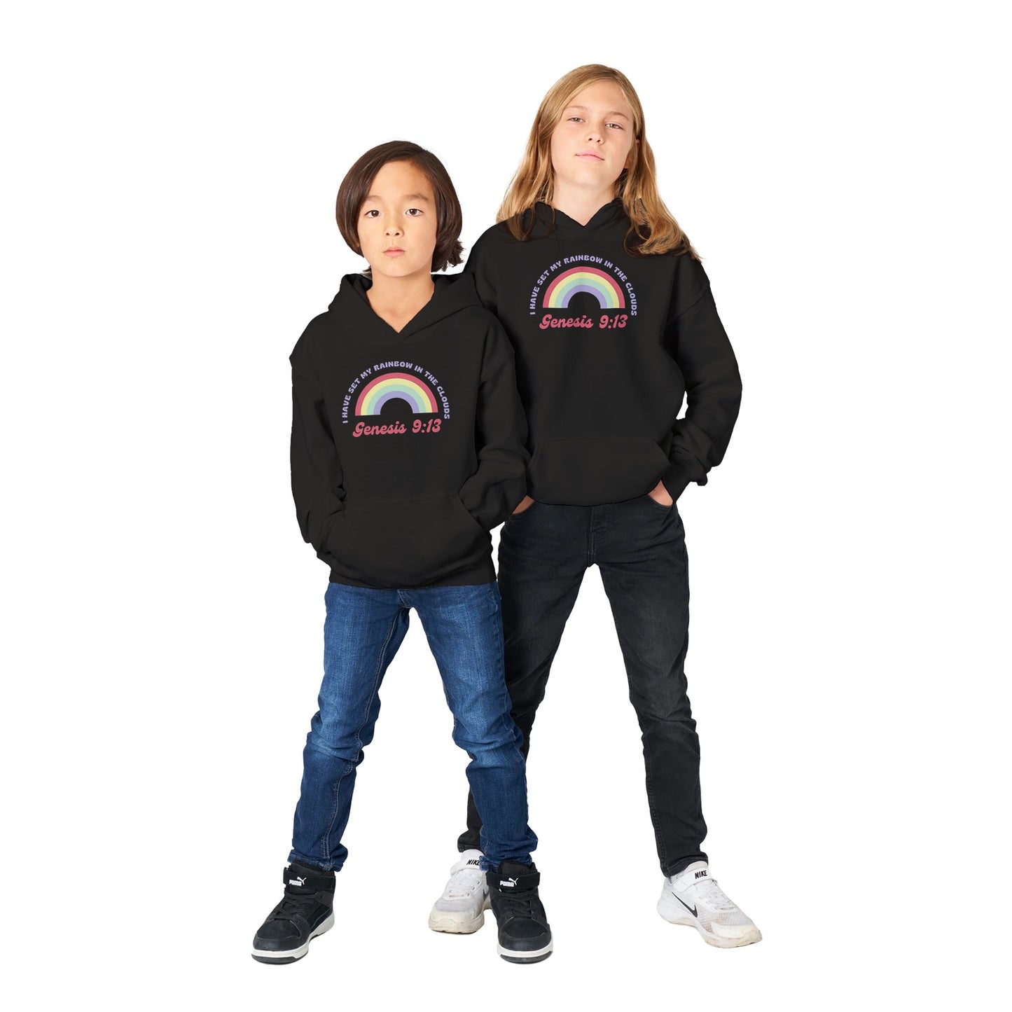 Genesis 9:13 Kids Pullover Hoodie (Retro Purple & Red Font)