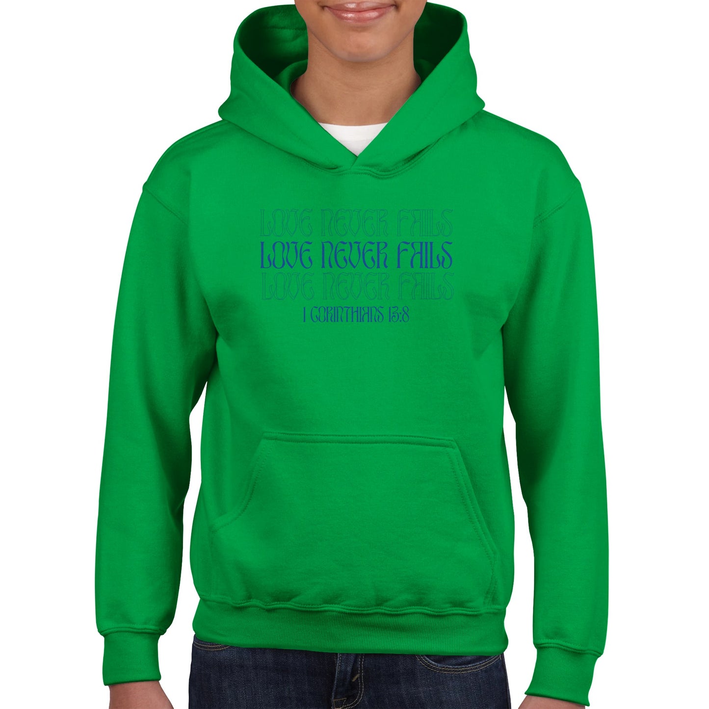 Love Never Fails Bold Kids Pullover Hoodie (Blue Font)