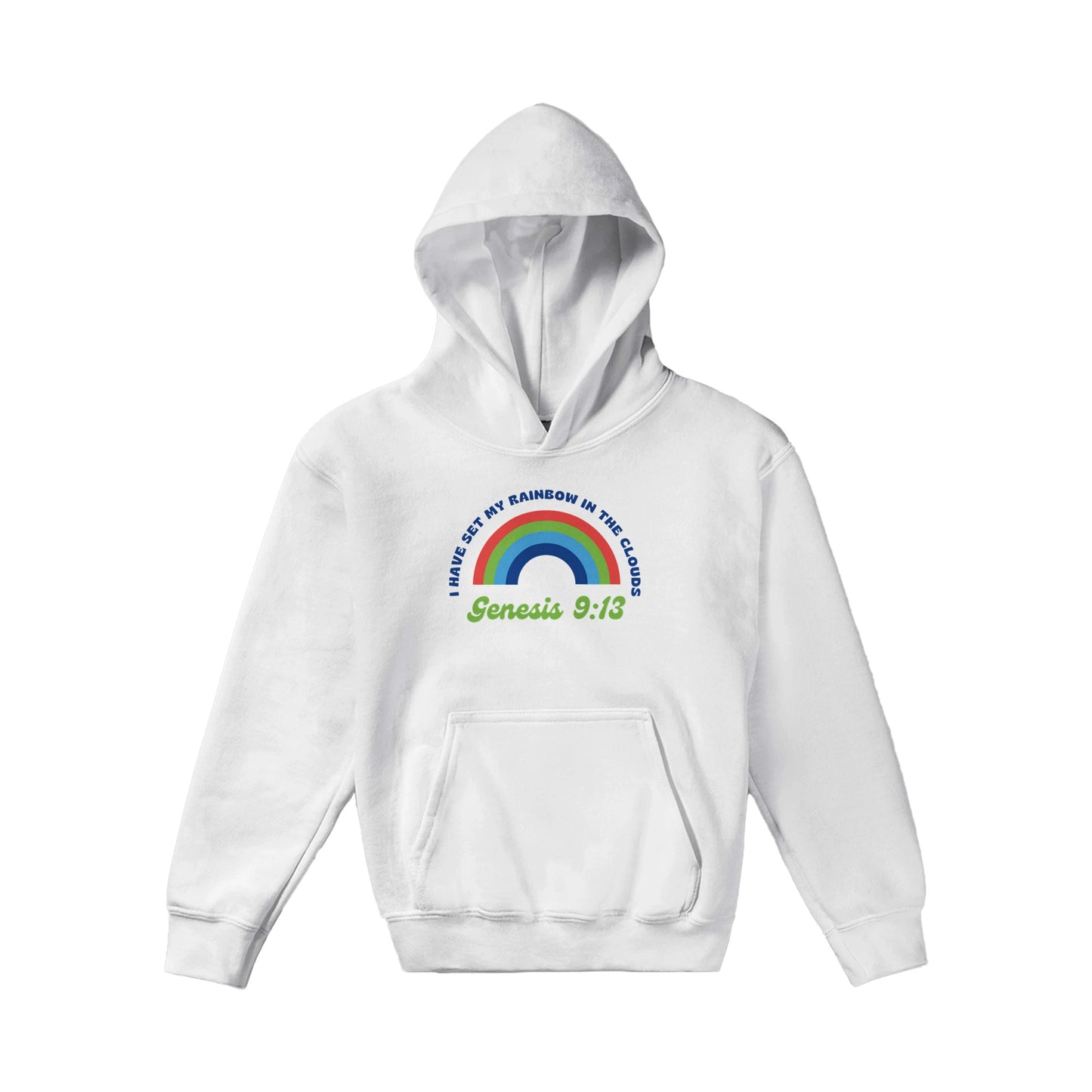 Genesis 9:13 Kids Pullover Hoodie (Bright Blue & Green Font)