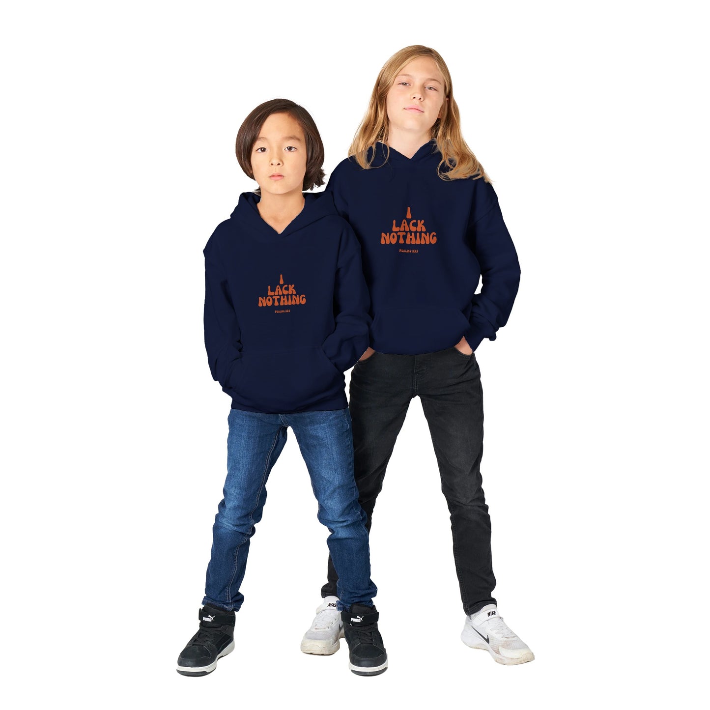 I Lack Nothing Kids Pullover Hoodie (Orange Font)