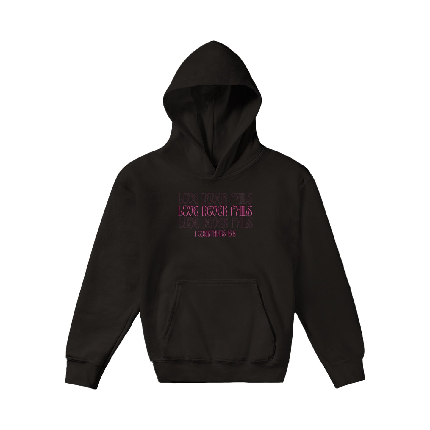 Love Never Fails Bold Kids Pullover Hoodie (Pink Font)