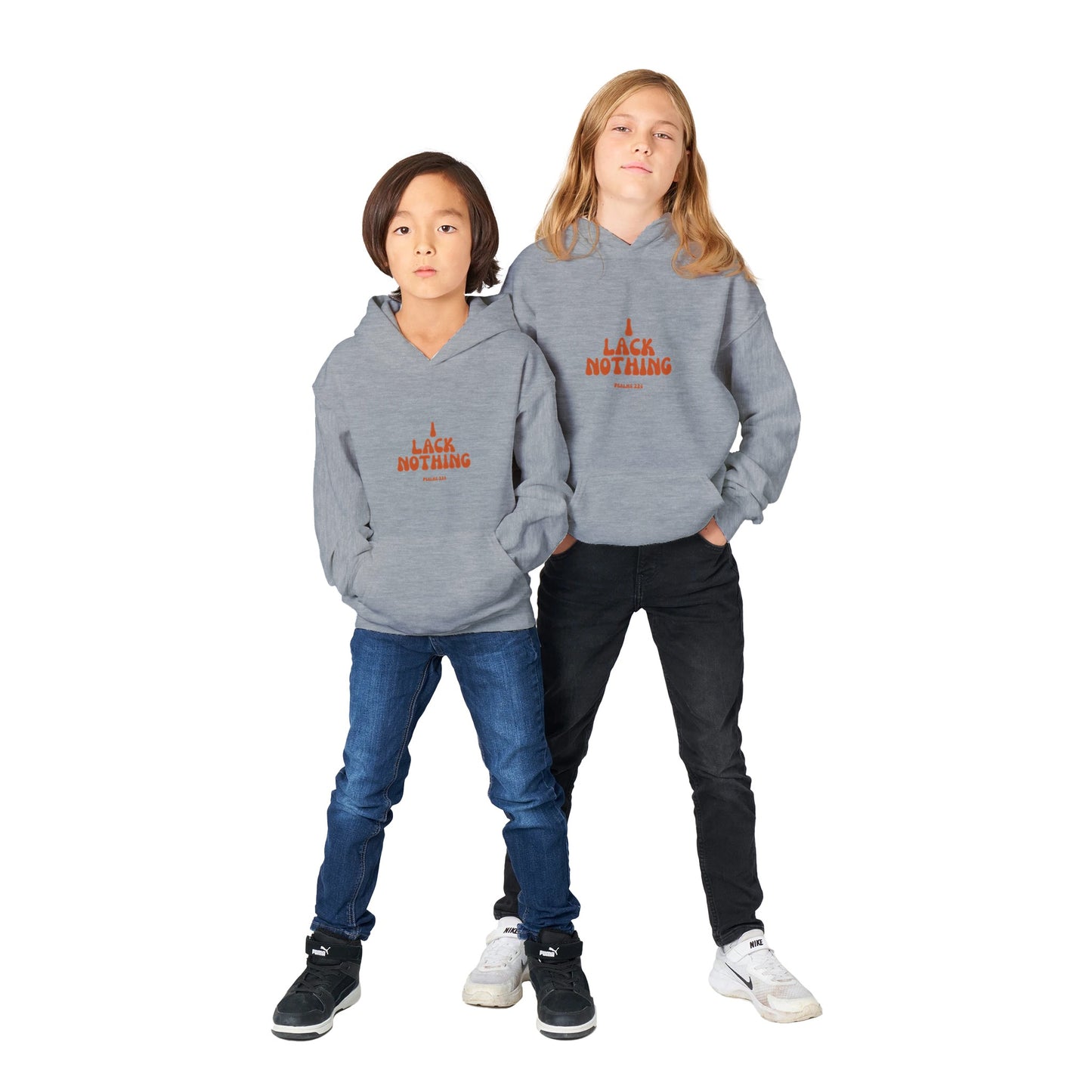 I Lack Nothing Kids Pullover Hoodie (Orange Font)