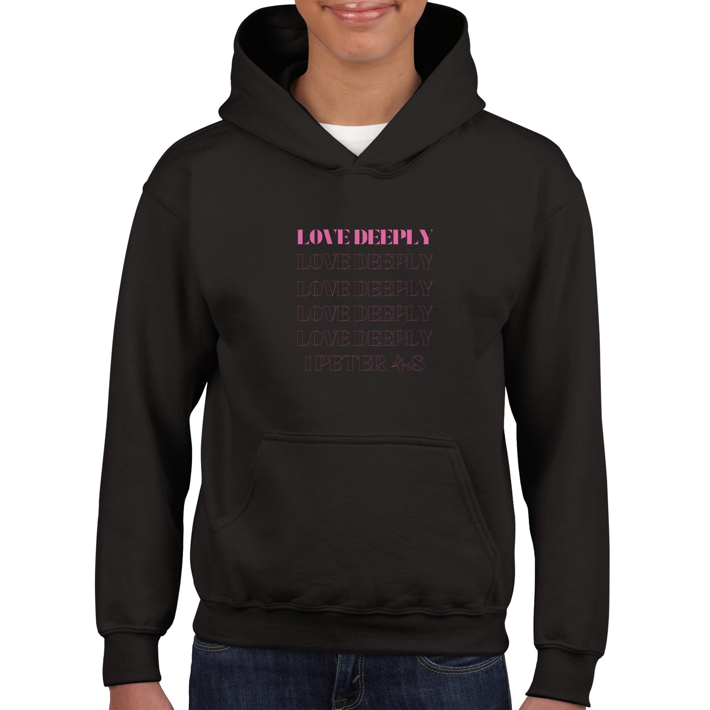 Love Deeply Kids Pullover Hoodie (Pink Font)