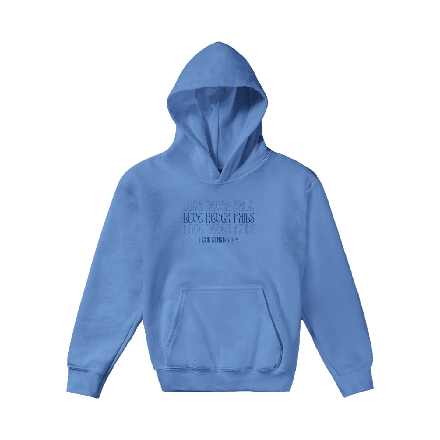 Love Never Fails Bold Kids Pullover Hoodie (Blue Font)