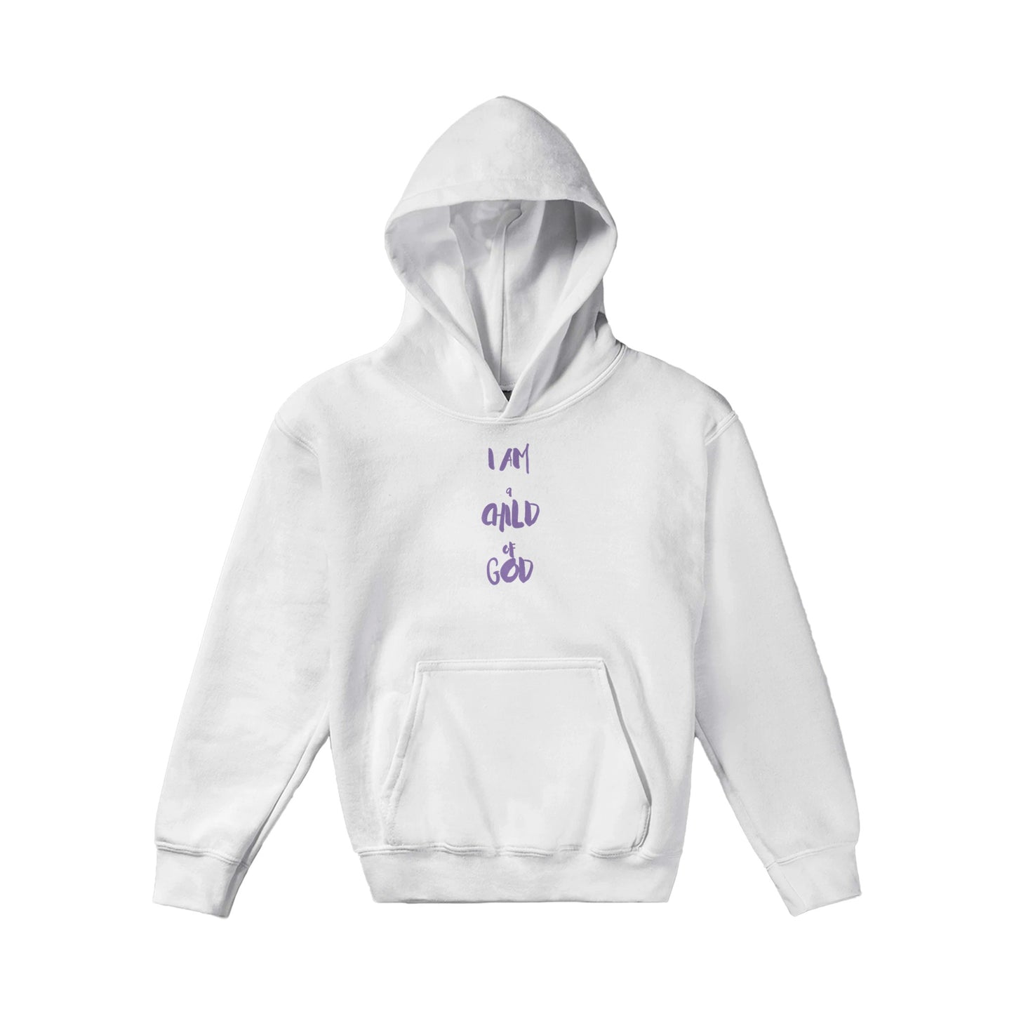 I Am a Child of God Kids Pullover Hoodie (Lavender Font)