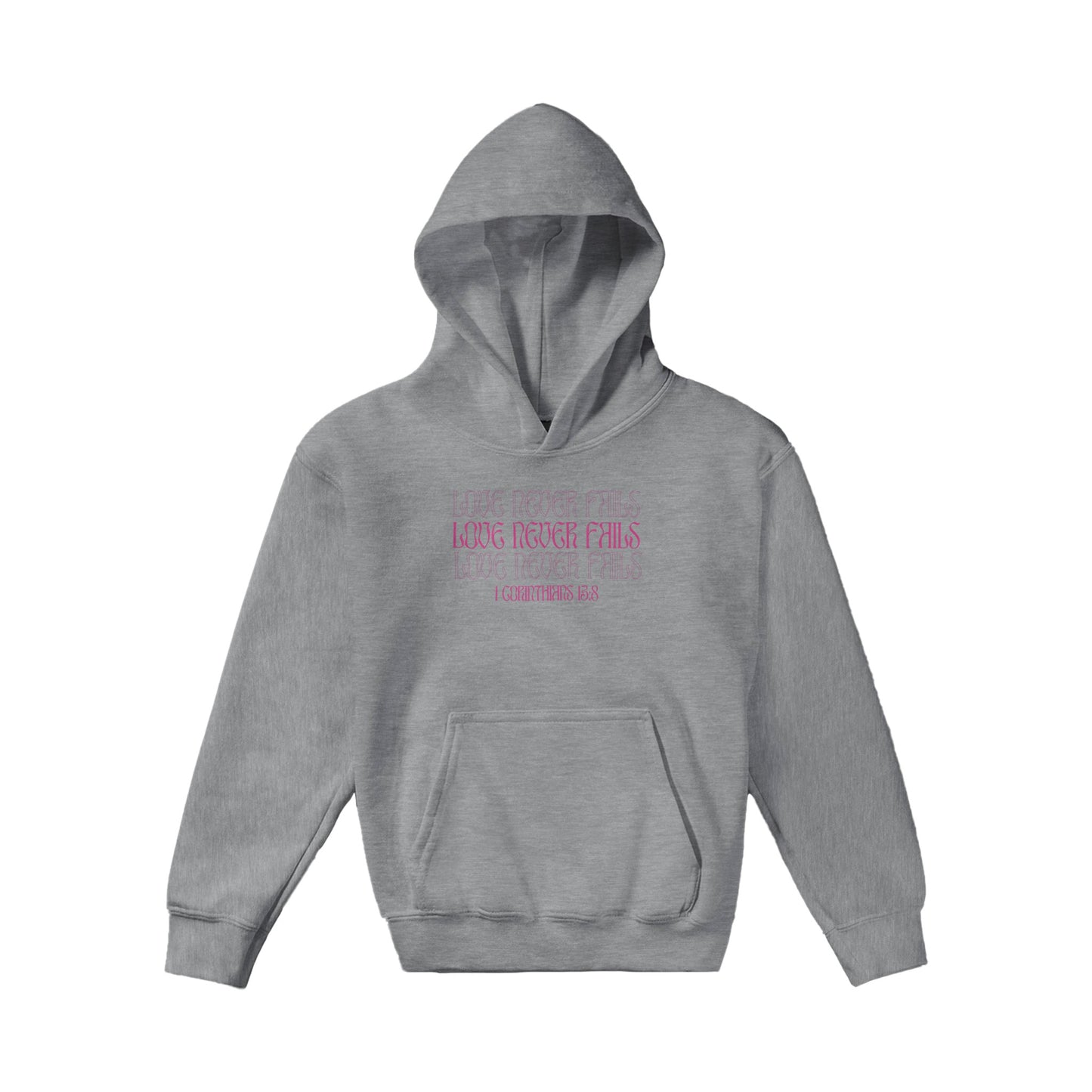 Love Never Fails Bold Kids Pullover Hoodie (Pink Font)