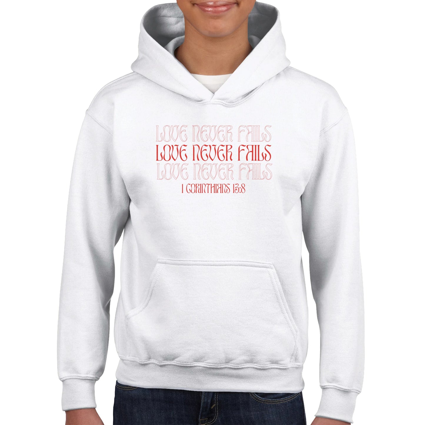 Love Never Fails Bold Kids Pullover Hoodie (Red Font)