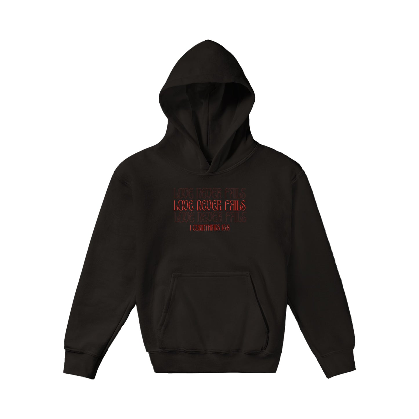 Love Never Fails Bold Kids Pullover Hoodie (Red Font)