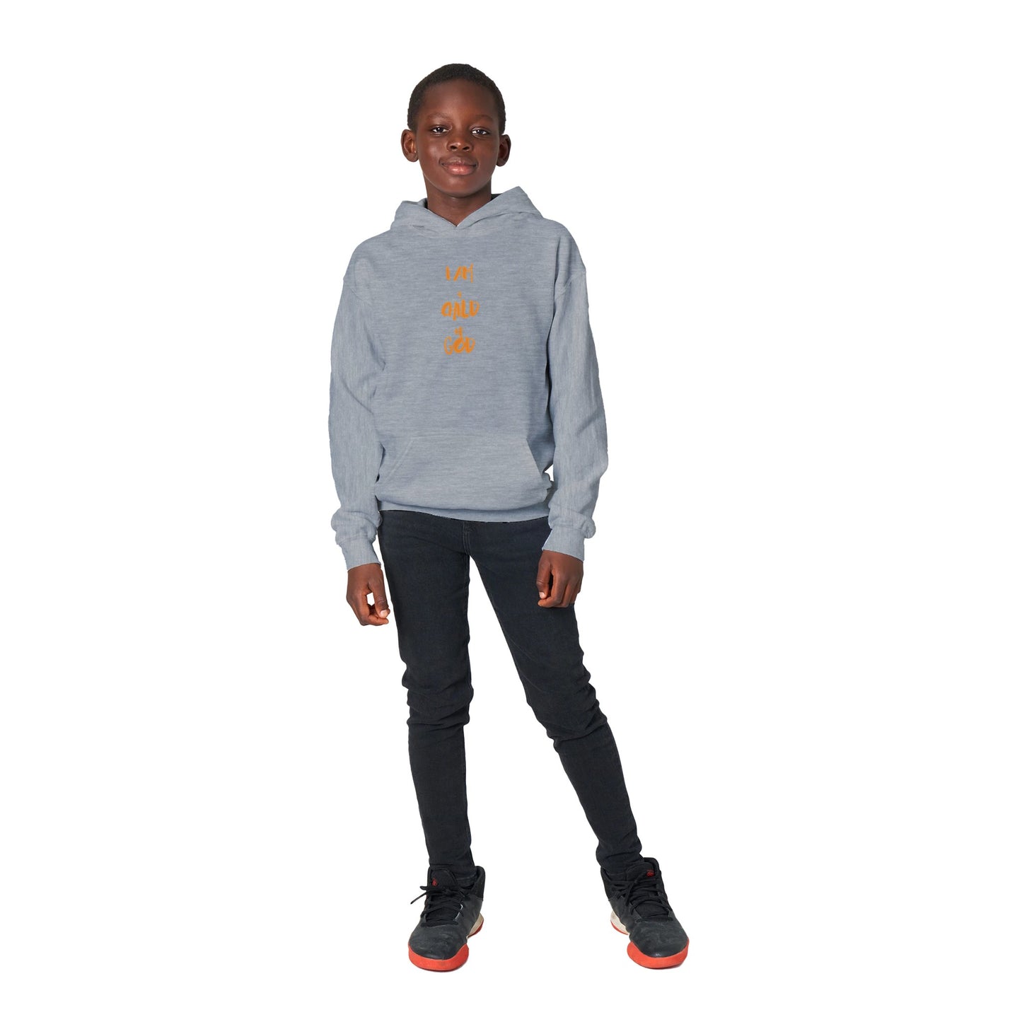 I Am a Child of God Kids Pullover Hoodie (Orange Font)