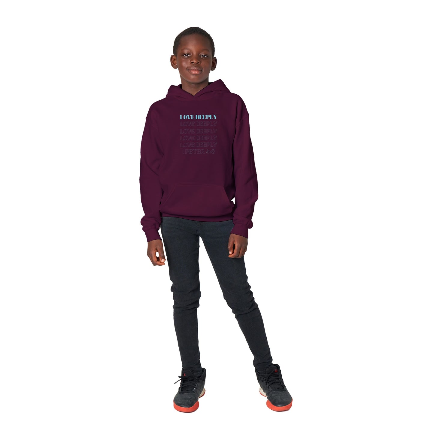 Love Deeply Kids Pullover Hoodie (Teal Font)