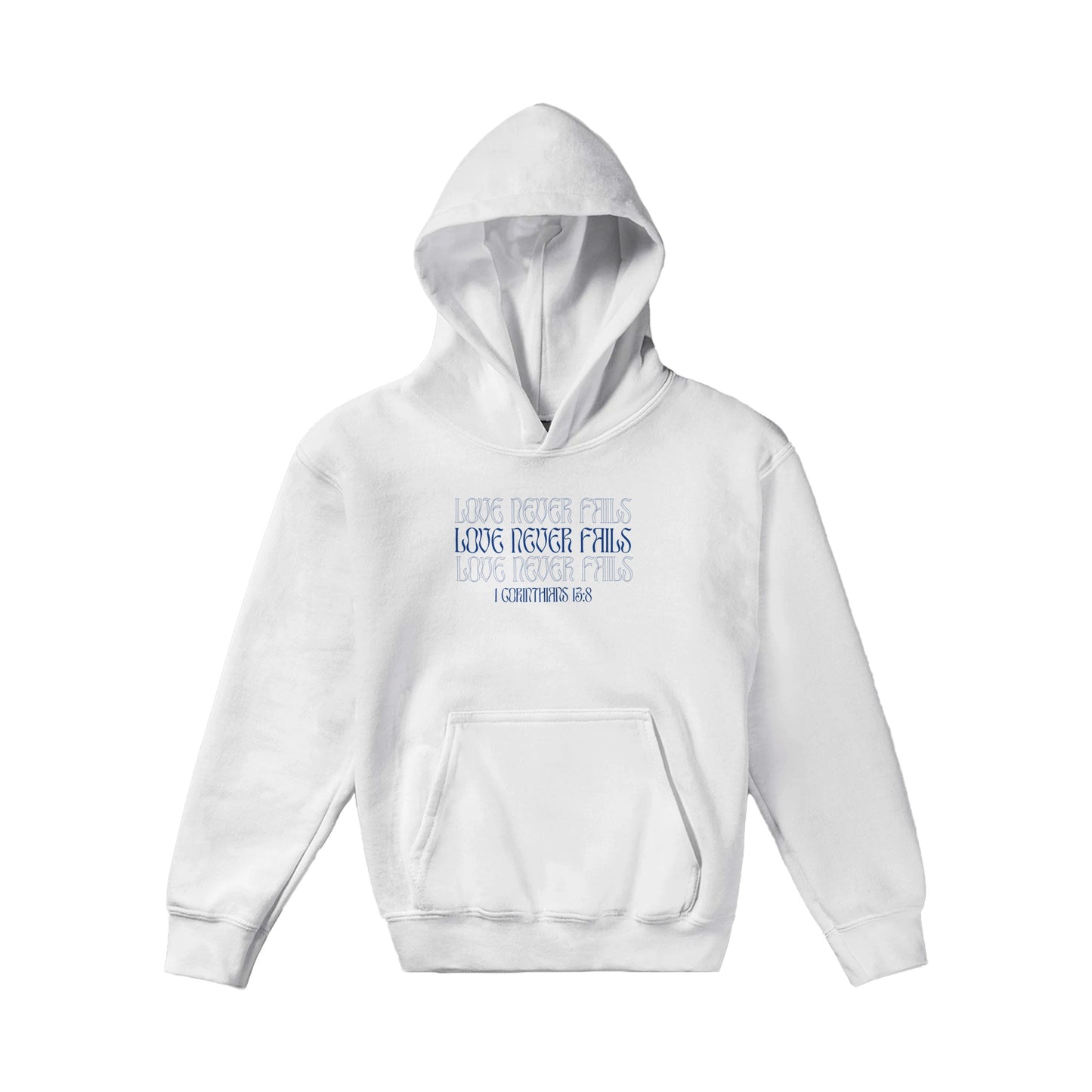 Love Never Fails Bold Kids Pullover Hoodie (Blue Font)