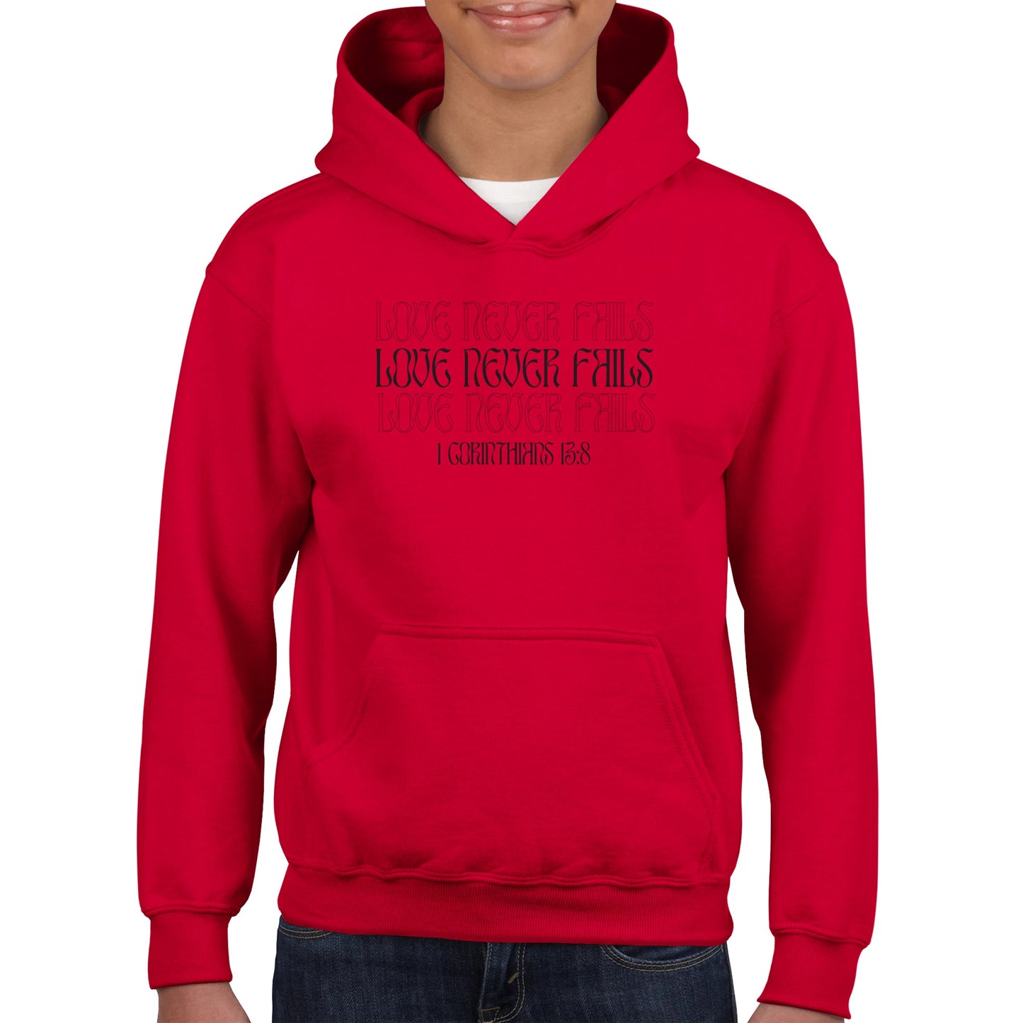 Love Never Fails Bold Kids Pullover Hoodie (Black Font)