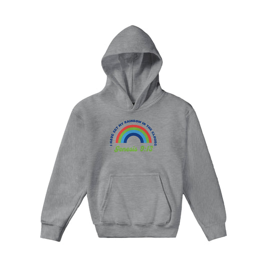 Genesis 9:13 Kids Pullover Hoodie (Bright Blue & Green Font)