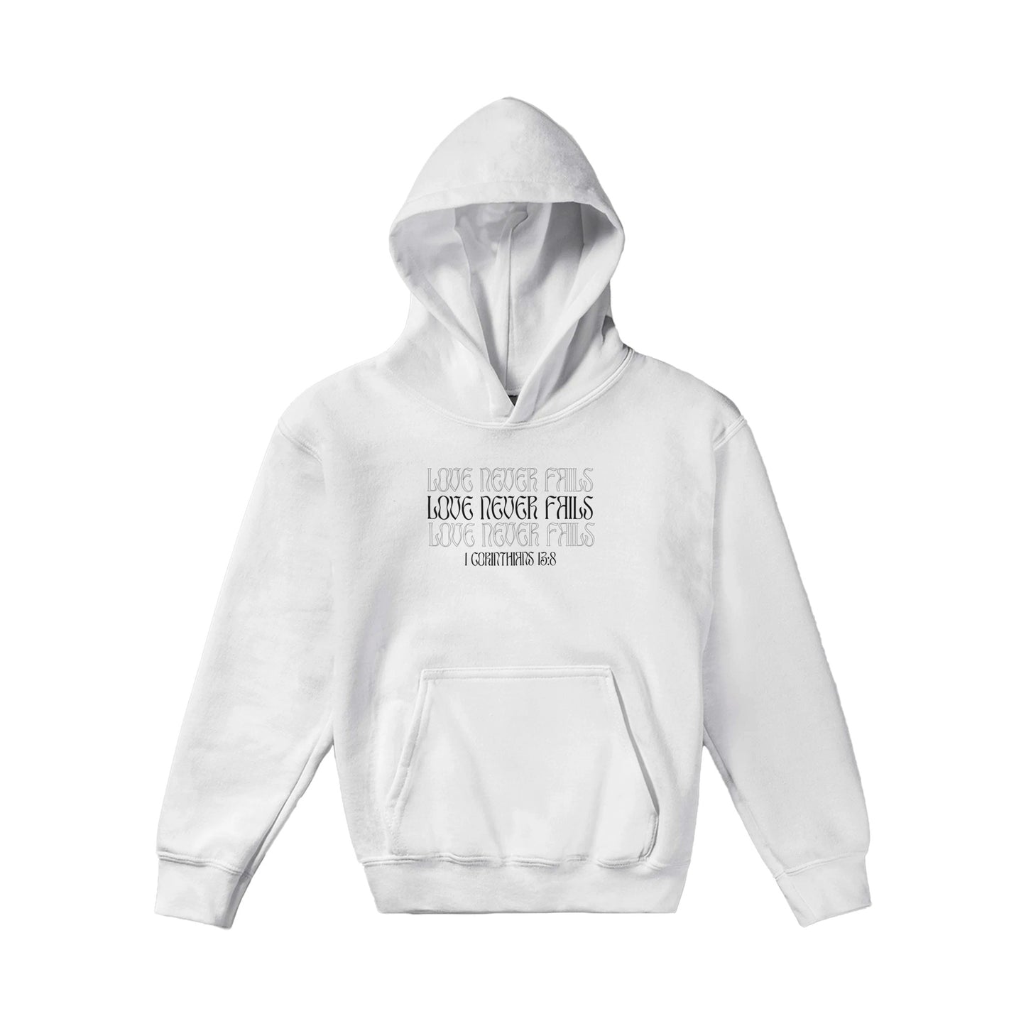 Love Never Fails Bold Kids Pullover Hoodie (Black Font)