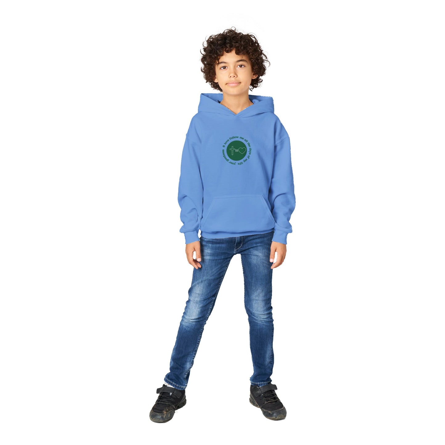 Goodness and Love Kids Pullover Hoodie (Green Font)