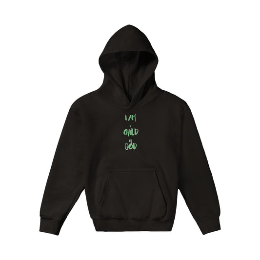 I Am a Child of God Kids Pullover Hoodie (Green Font)