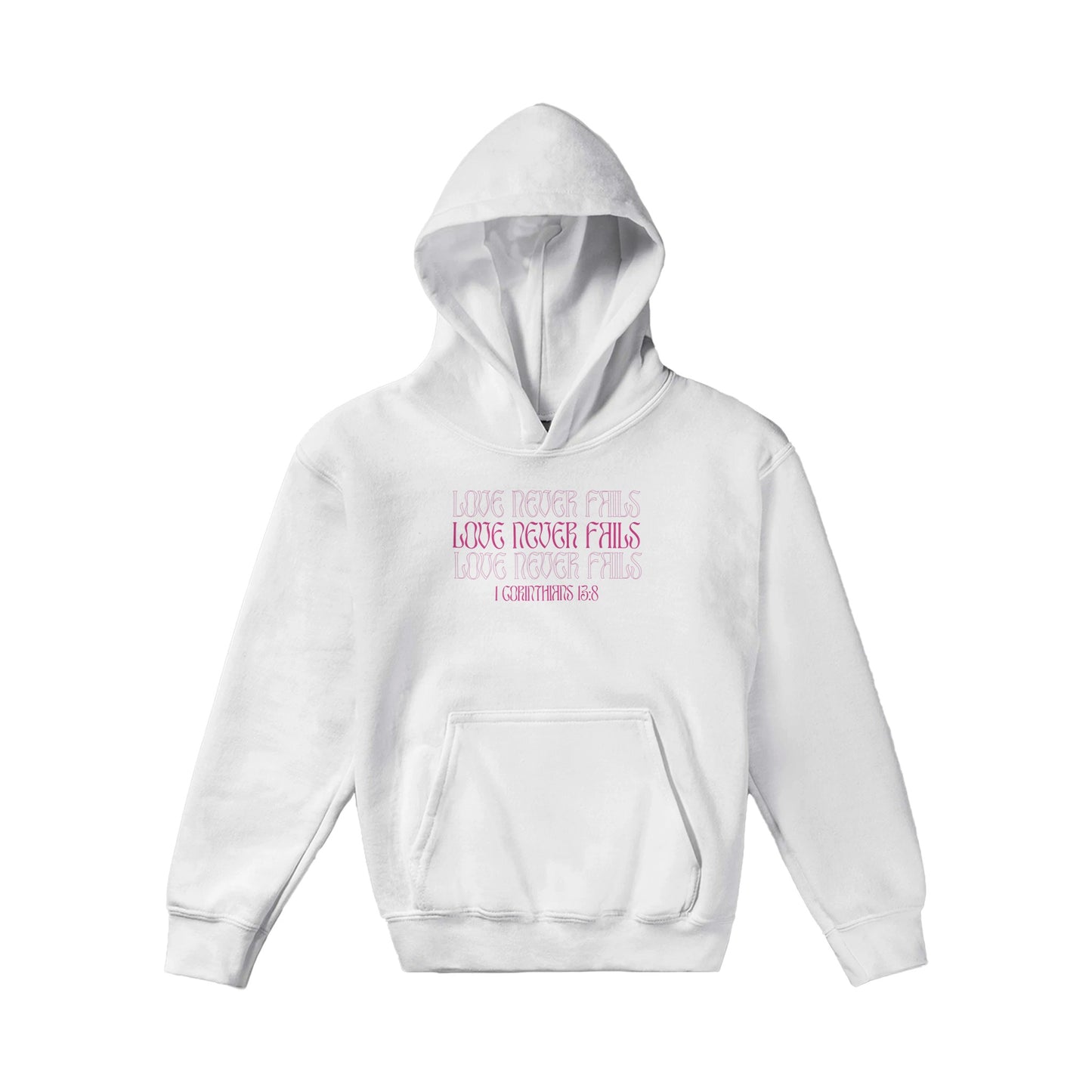 Love Never Fails Bold Kids Pullover Hoodie (Pink Font)