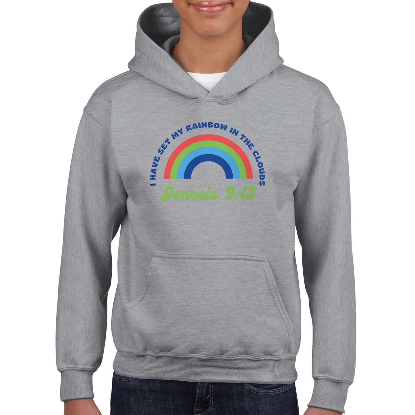 Genesis 9:13 Kids Pullover Hoodie (Bright Blue & Green Font)