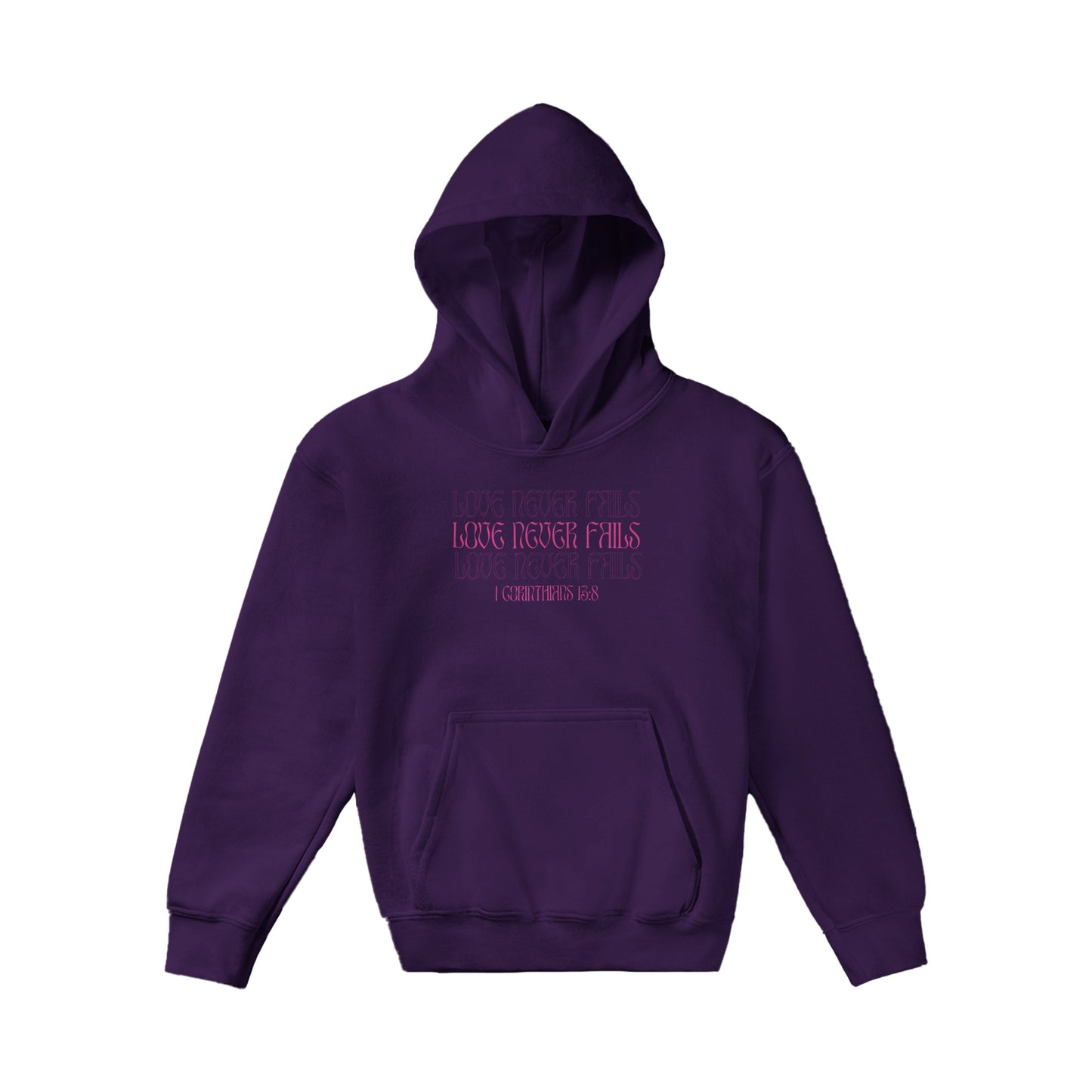 Love Never Fails Bold Kids Pullover Hoodie (Pink Font)