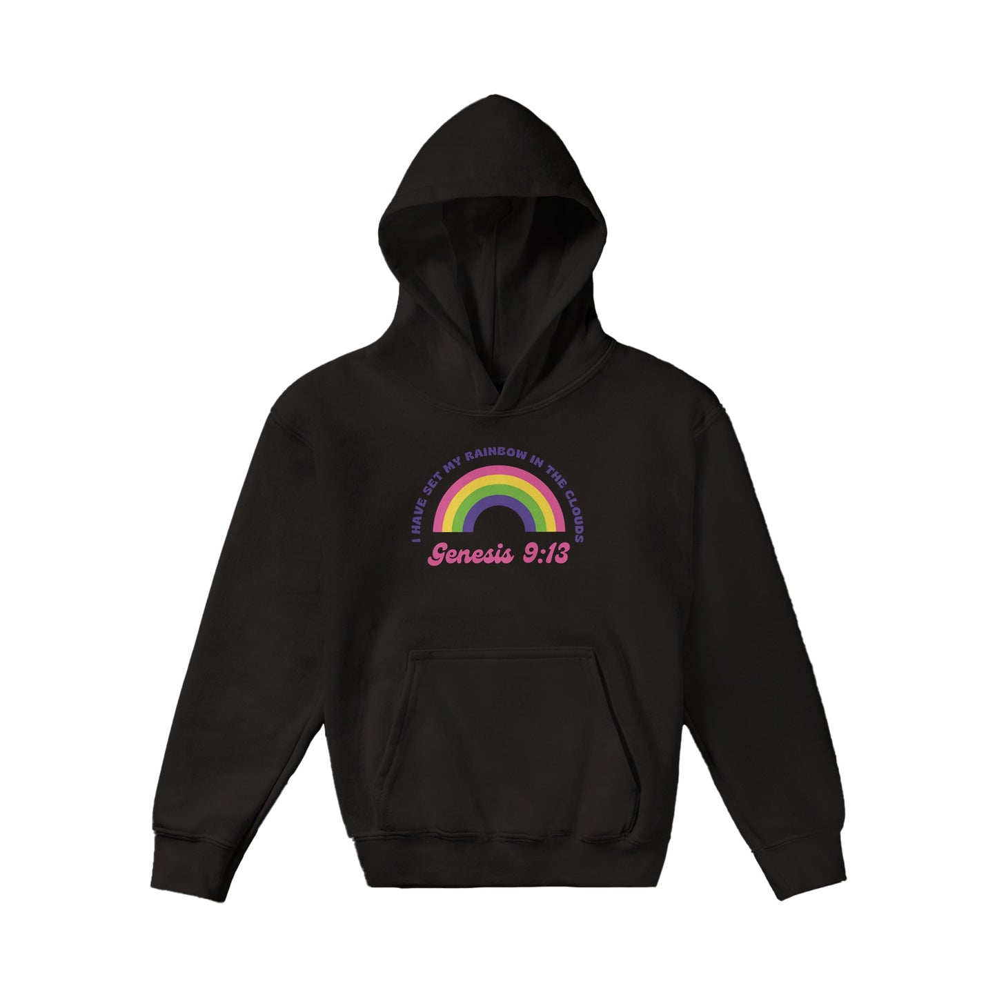 Genesis 9:13 Kids Pullover Hoodie (Bright Pink & Purple Font)