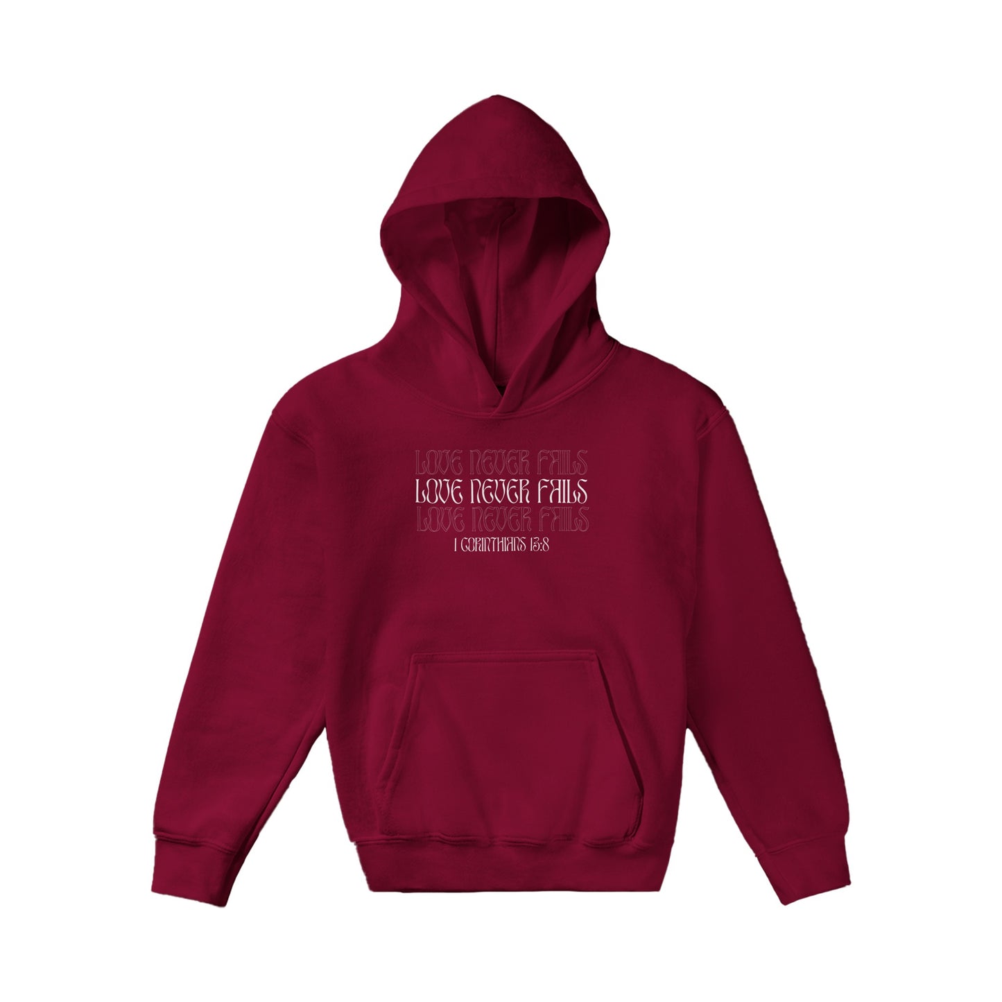 Love Never Fails Bold Kids Pullover Hoodie (White Font)