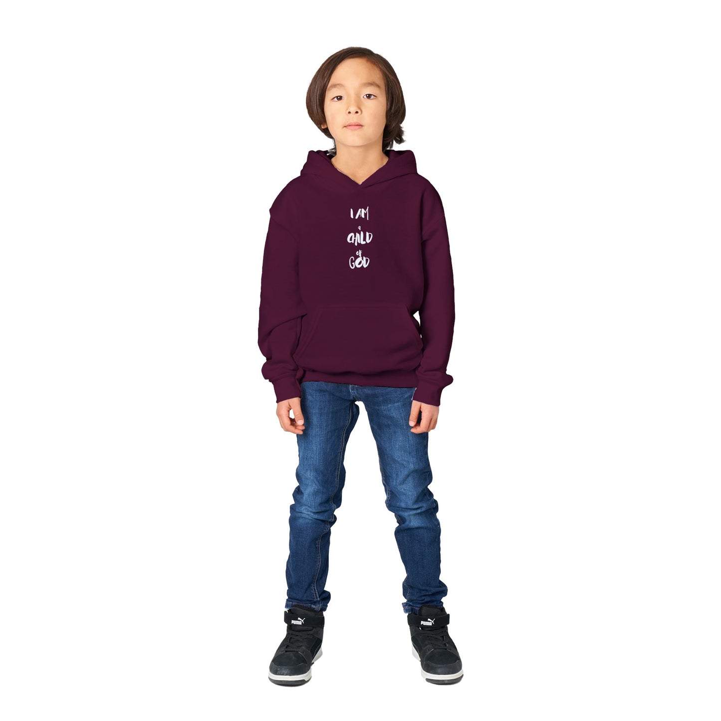 I Am a Child of God Kids Pullover Hoodie (White Font)