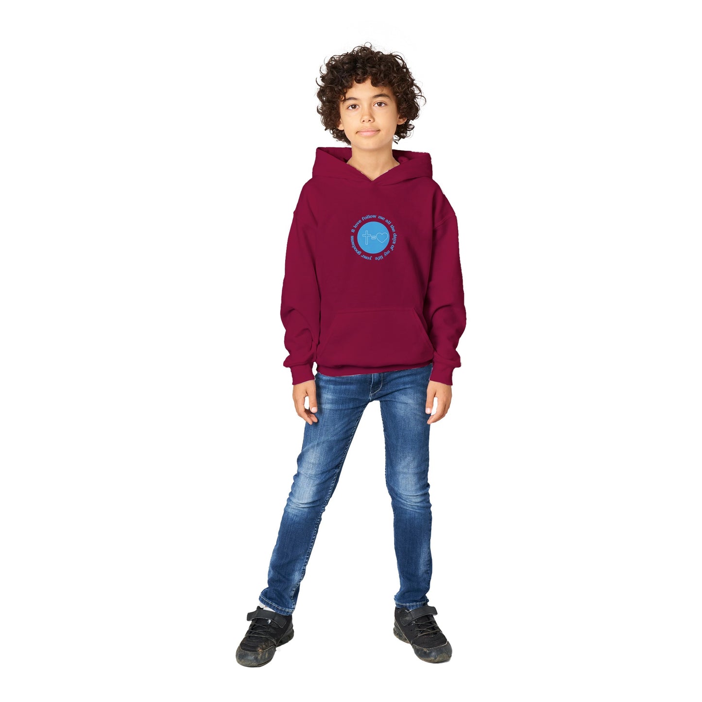 Goodness and Love Kids Pullover Hoodie (Blue Font)