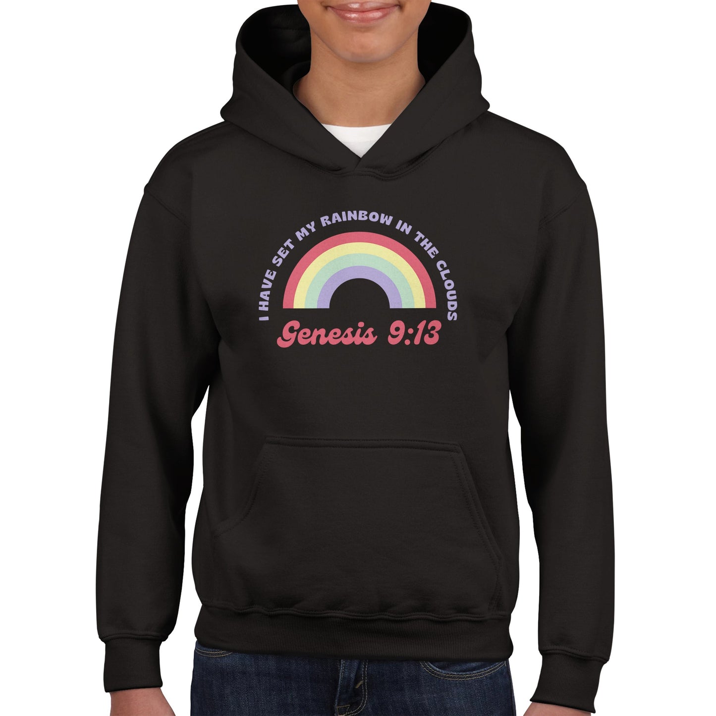 Genesis 9:13 Kids Pullover Hoodie (Retro Purple & Red Font)