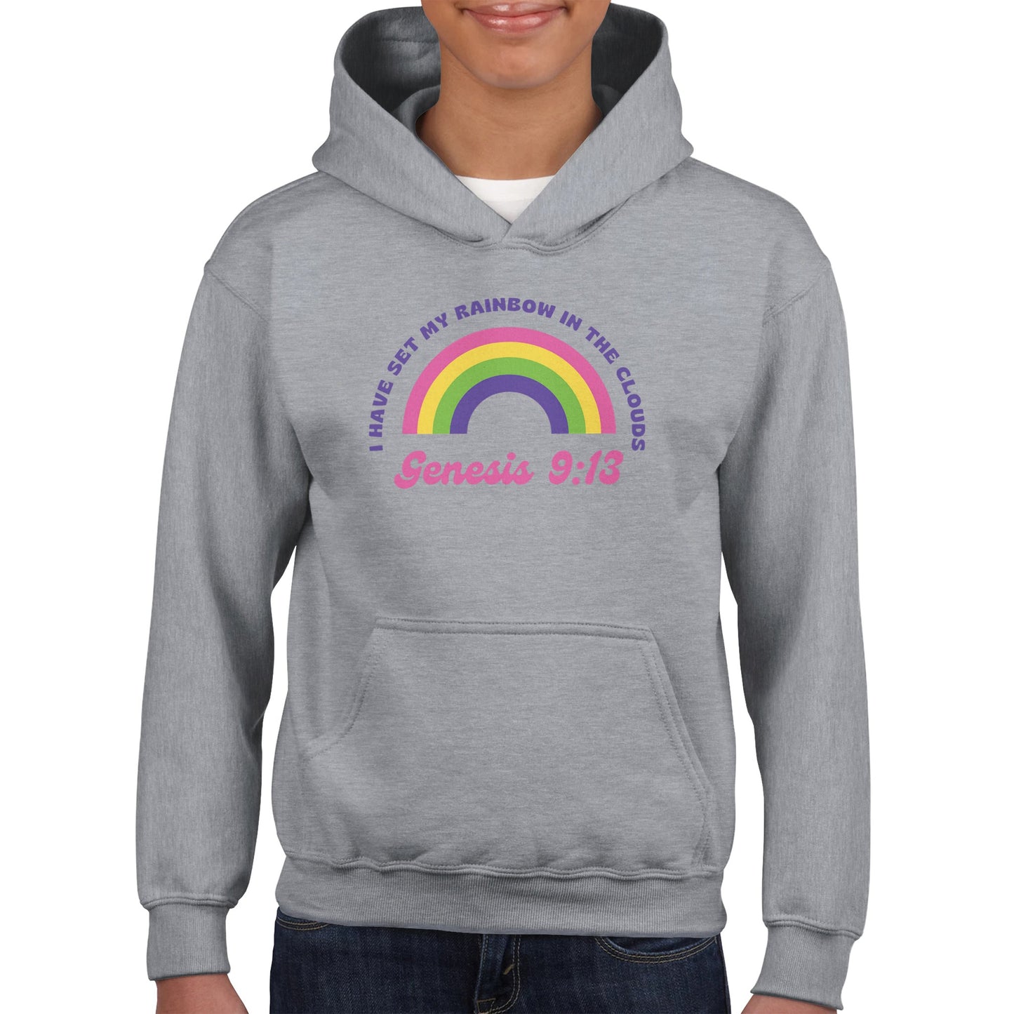 Genesis 9:13 Kids Pullover Hoodie (Bright Pink & Purple Font)