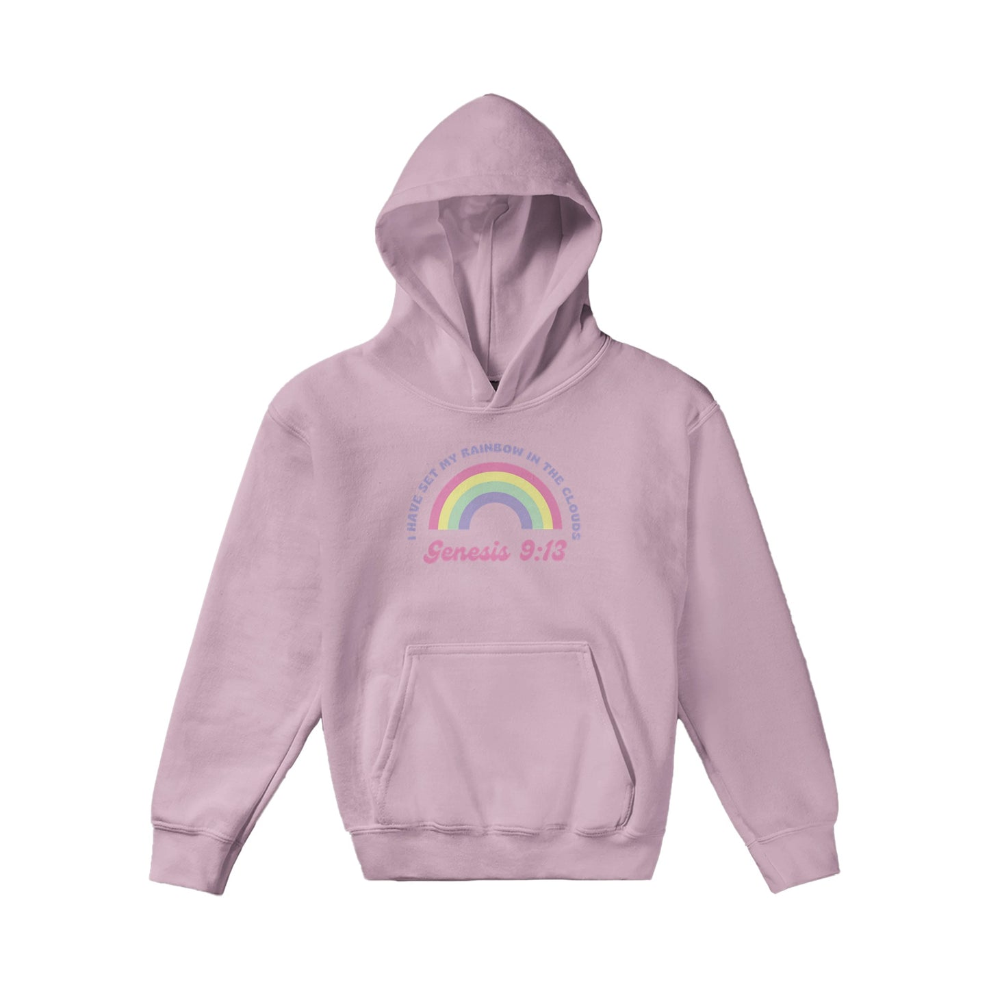 Genesis 9:13 Kids Pullover Hoodie (Pastel Pink & Purple Font)