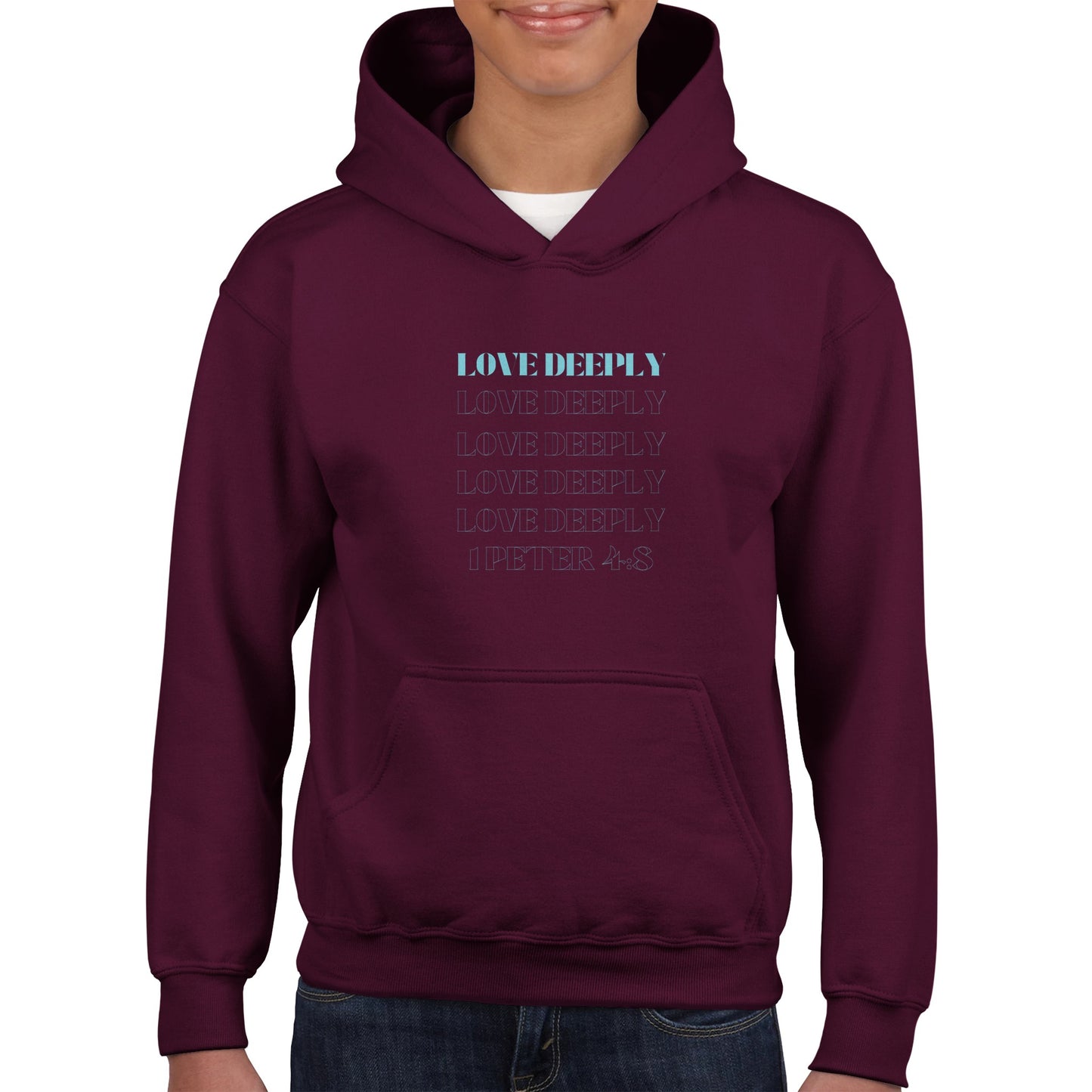 Love Deeply Kids Pullover Hoodie (Teal Font)