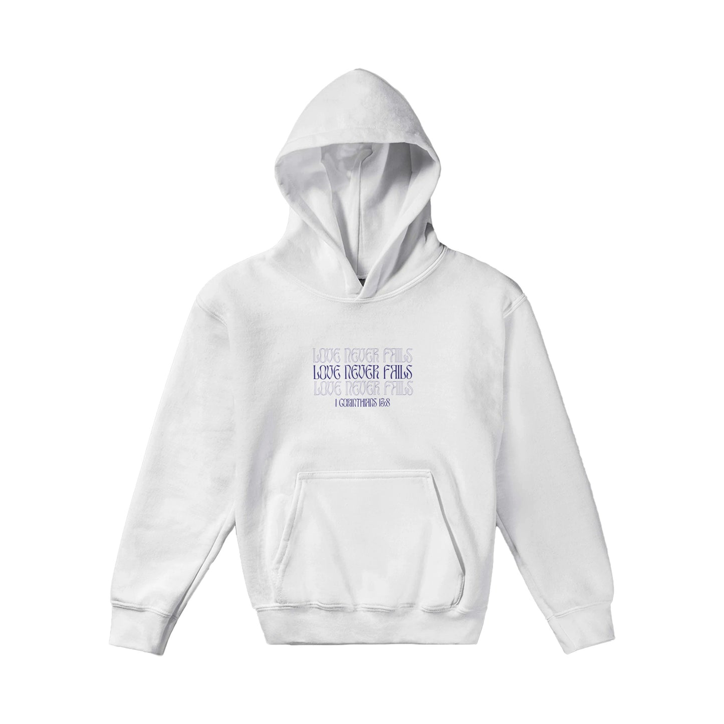 Love Never Fails Bold Kids Pullover Hoodie (Purple Font)