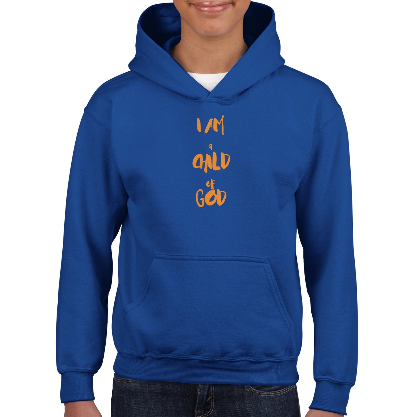 I Am a Child of God Kids Pullover Hoodie (Orange Font)