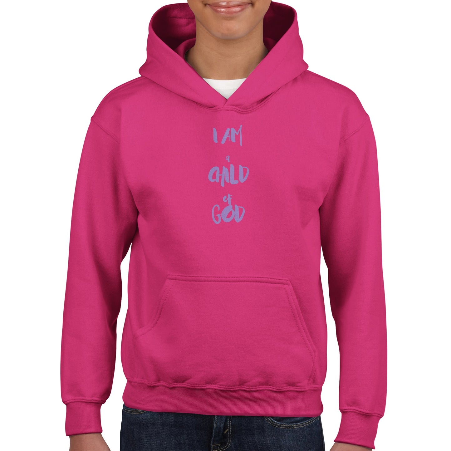 I Am a Child of God Kids Pullover Hoodie (Lavender Font)