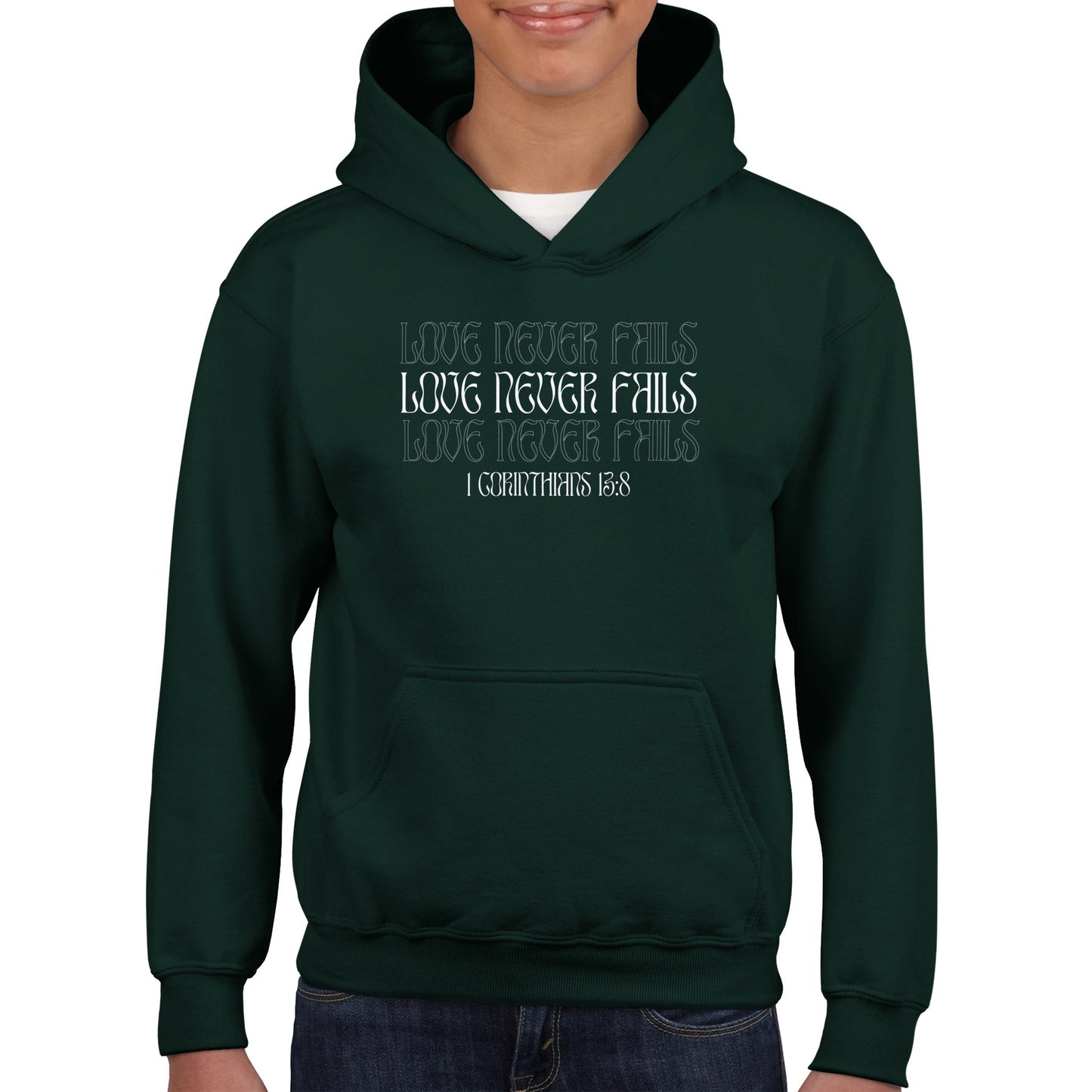 Love Never Fails Bold Kids Pullover Hoodie (White Font)