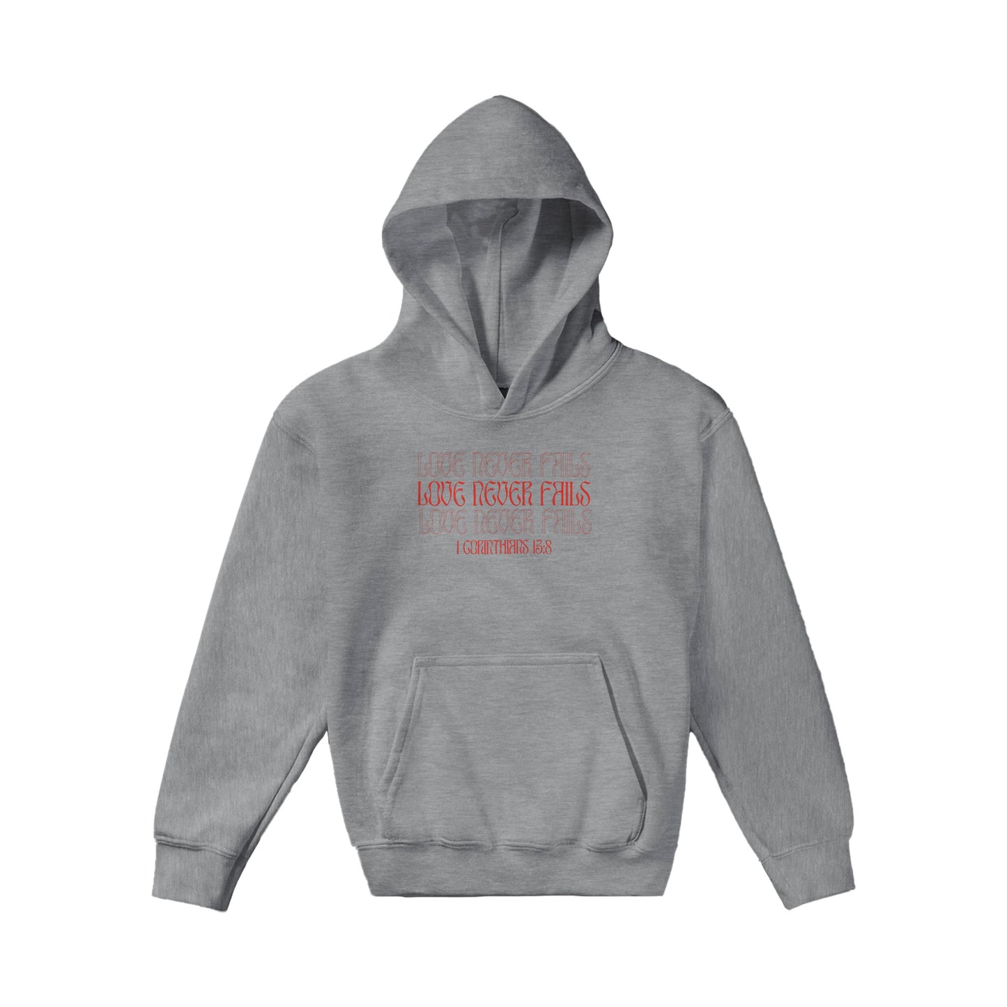 Love Never Fails Bold Kids Pullover Hoodie (Red Font)