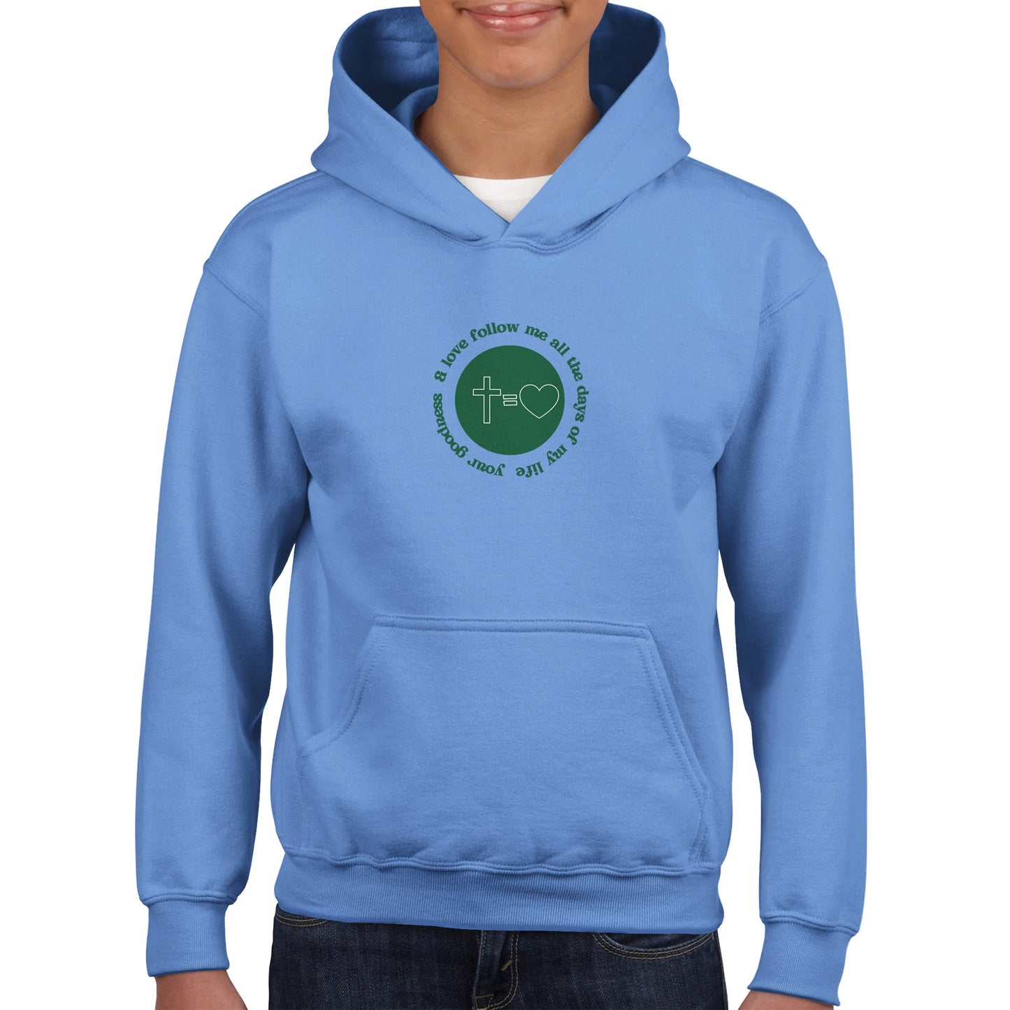 Goodness and Love Kids Pullover Hoodie (Green Font)